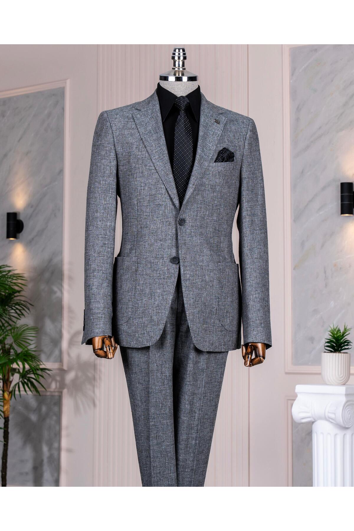 TerziAdemAltun Italian Style S Slim Fit Mono Collar Jacket Pants Suit Anthracite L T14367