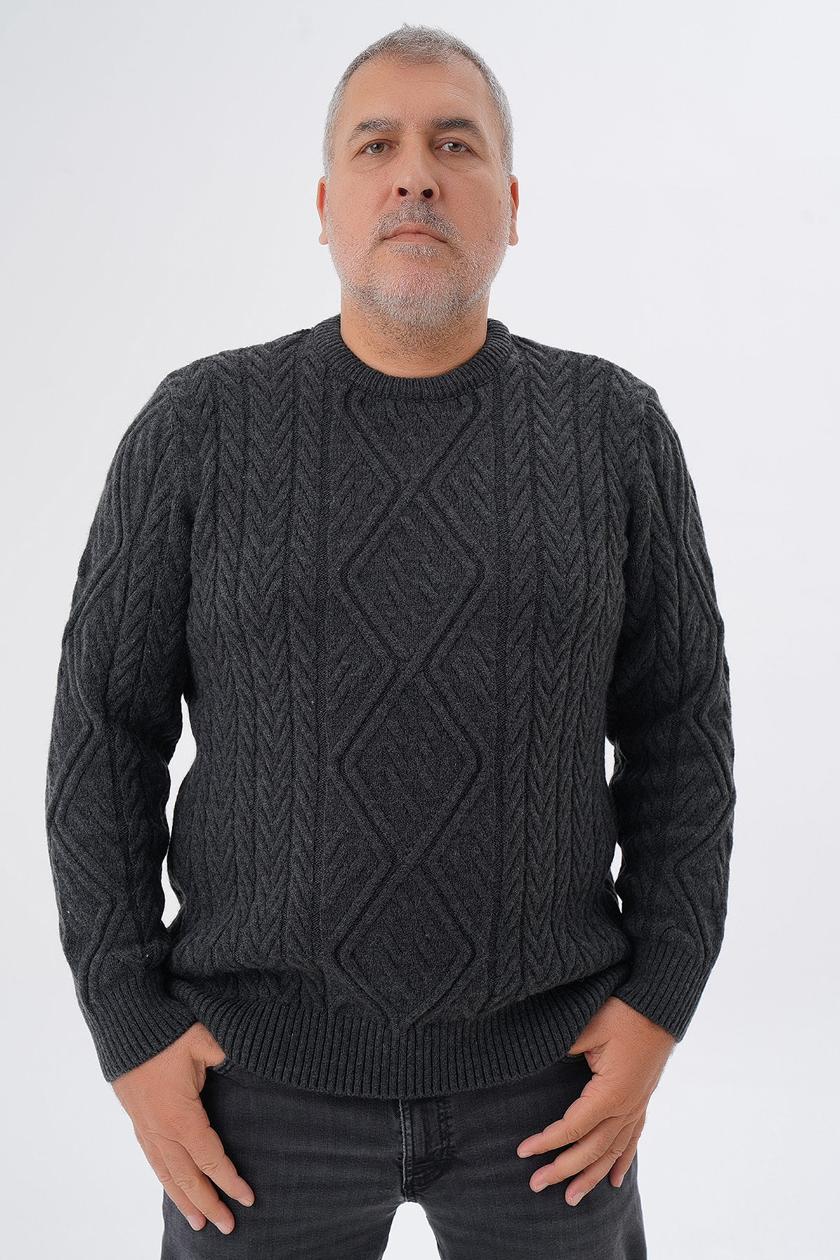 TRIST STAR PLUS SIZE MEN 'S DIAMOND RUN BRAIDED CREW NECK WOOL SWEATER TRIST-2121