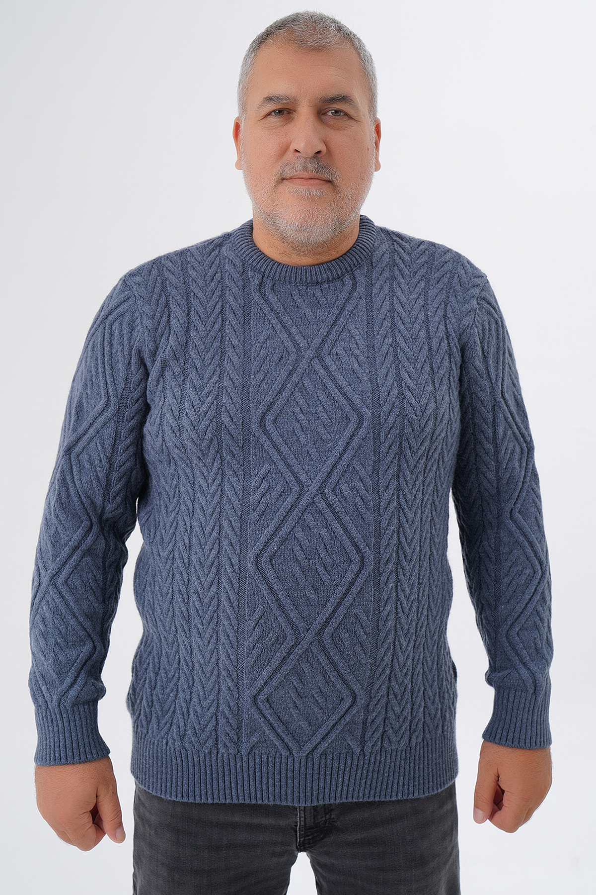 TRIST STAR PLUS SIZE MEN 'S DIAMOND RUN BRAIDED CREW NECK WOOL SWEATER TRIST-2121