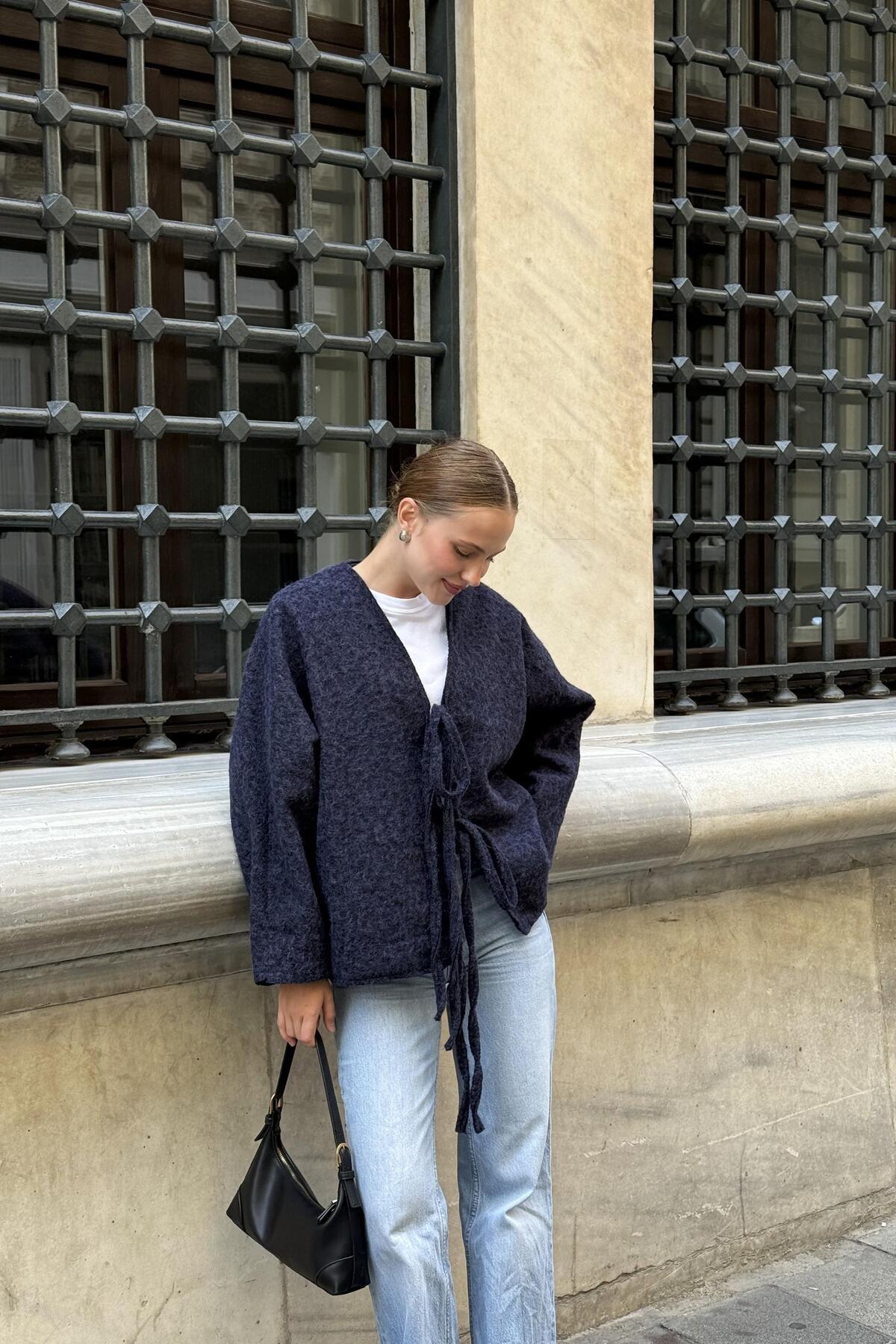 Raneel Kazançlı Alışveriş  Kırçıllı Çift Düğme Bağlamalı Kaşe Ceket Lacivert - Görsel 3