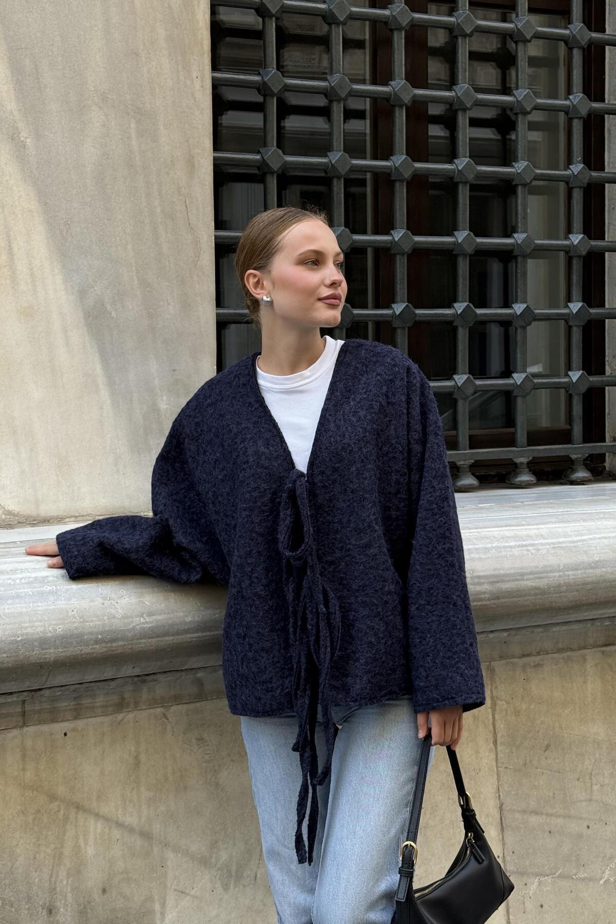 Raneel Kazançlı Alışveriş  Kırçıllı Çift Düğme Bağlamalı Kaşe Ceket Lacivert - Görsel 5