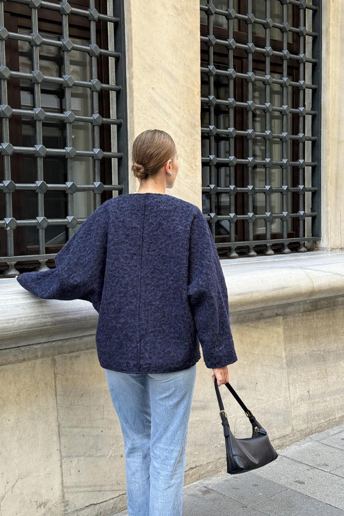 Raneel Kazançlı Alışveriş  Kırçıllı Çift Düğme Bağlamalı Kaşe Ceket Lacivert - Görsel 6