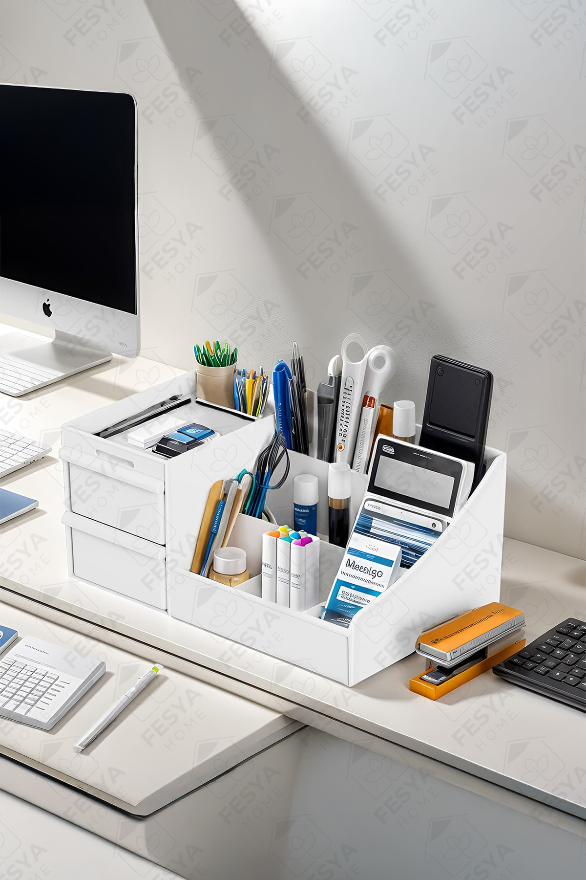 Fesya Home ELEGANCE Çekmeceli Masaüstü Düzenleyici Kalemlik Ofis Organizer - Beyaz