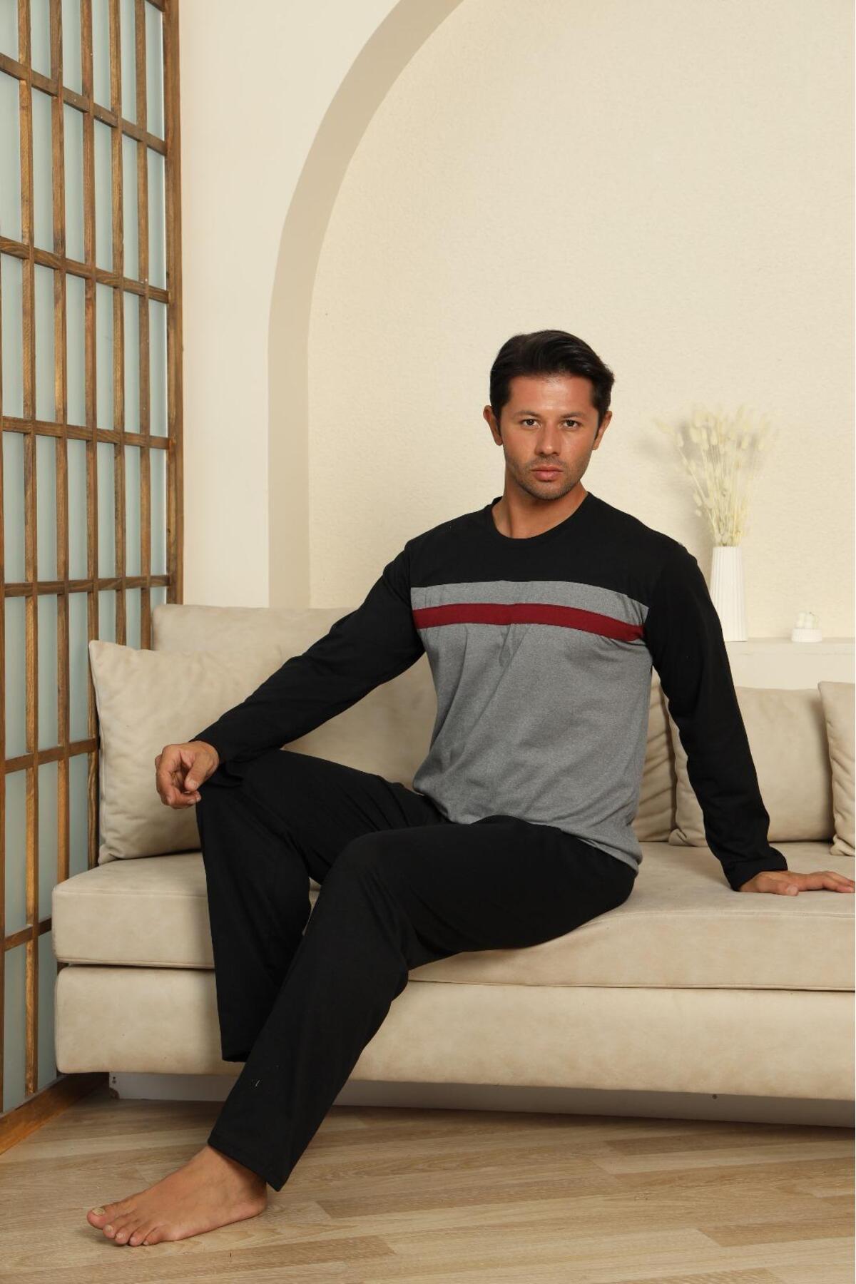 FORMO Erkek %100 Organik Doğal Pamuk Ekose Cep Detaylı Yüksek Kalite Uzun Kollu Pijama Takımı