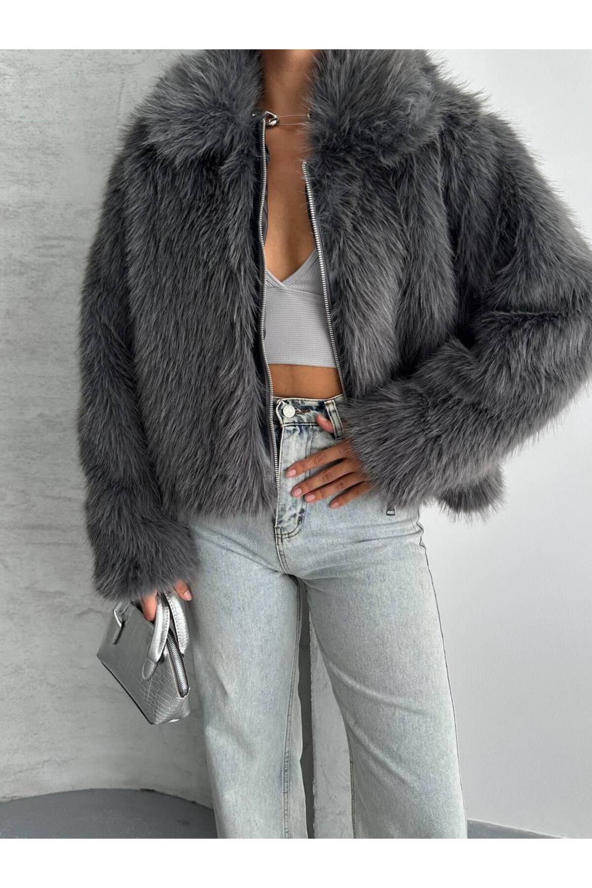 Manteau en fourrure Lolita pour femme, anthracite, avec fermeture éclair et doublure intérieure - Görsel 6