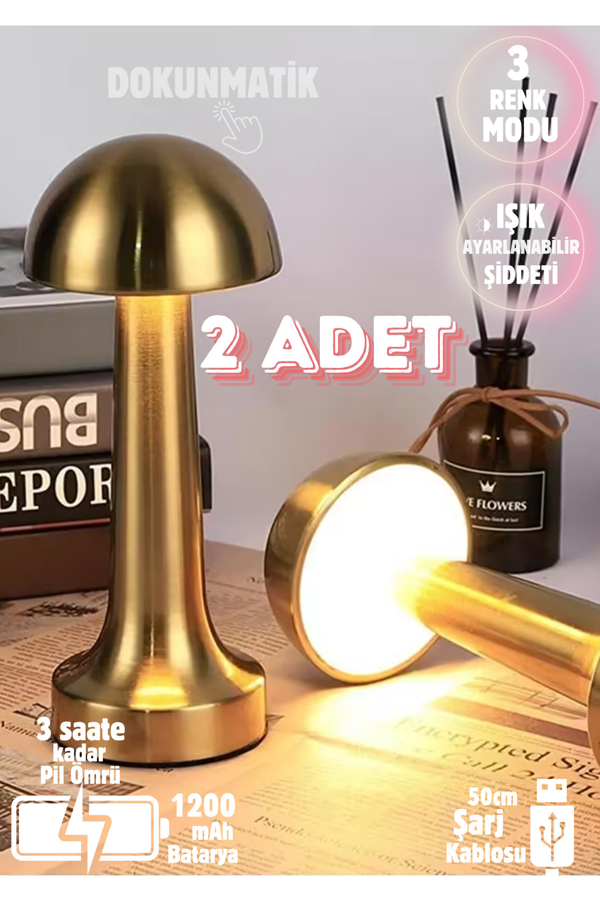 Unichrome 2 Adet Dokunmatik Mantar Masa Lambası Metal 3 Işık Renkli Şarjlı Masa Lambası Gold