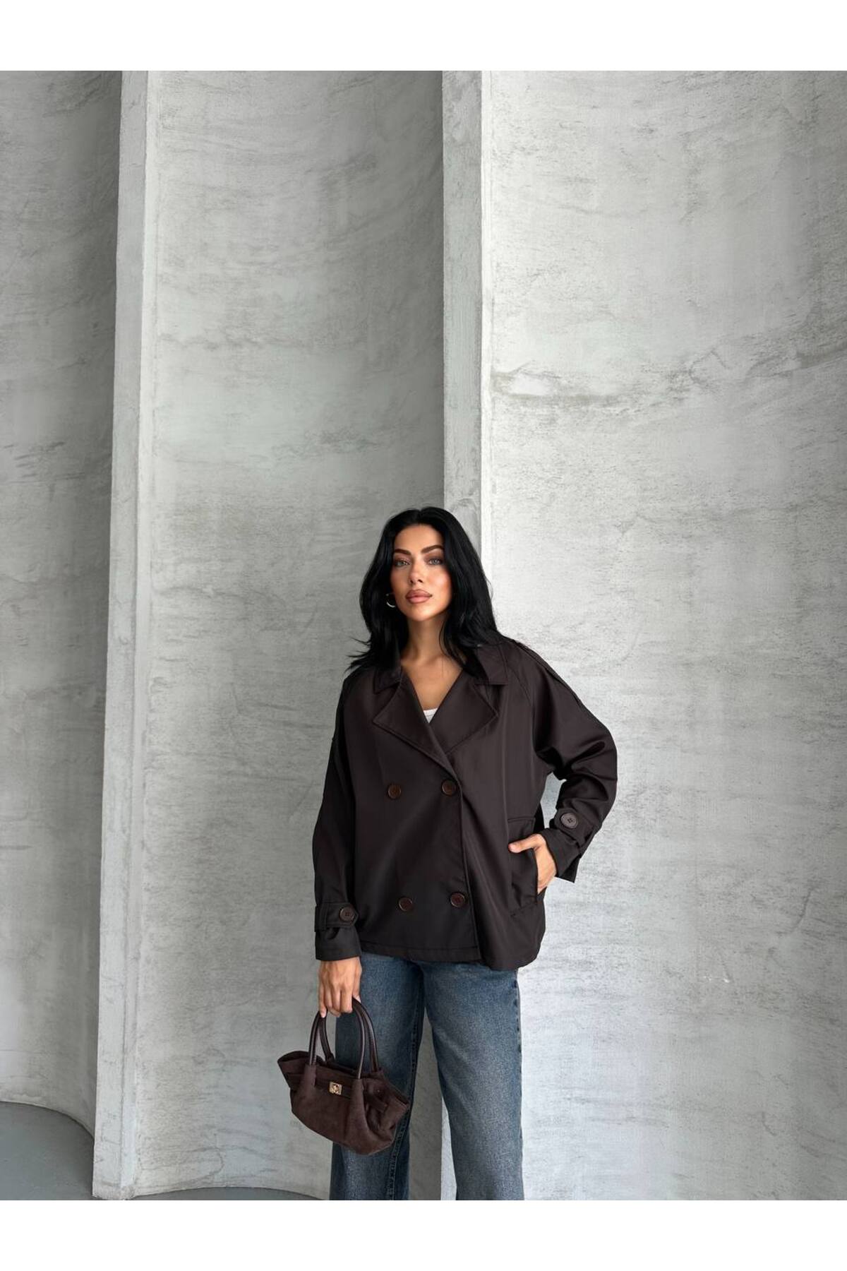 Trench-coat court crop à manches bouffantes pour femme marron - Görsel 5