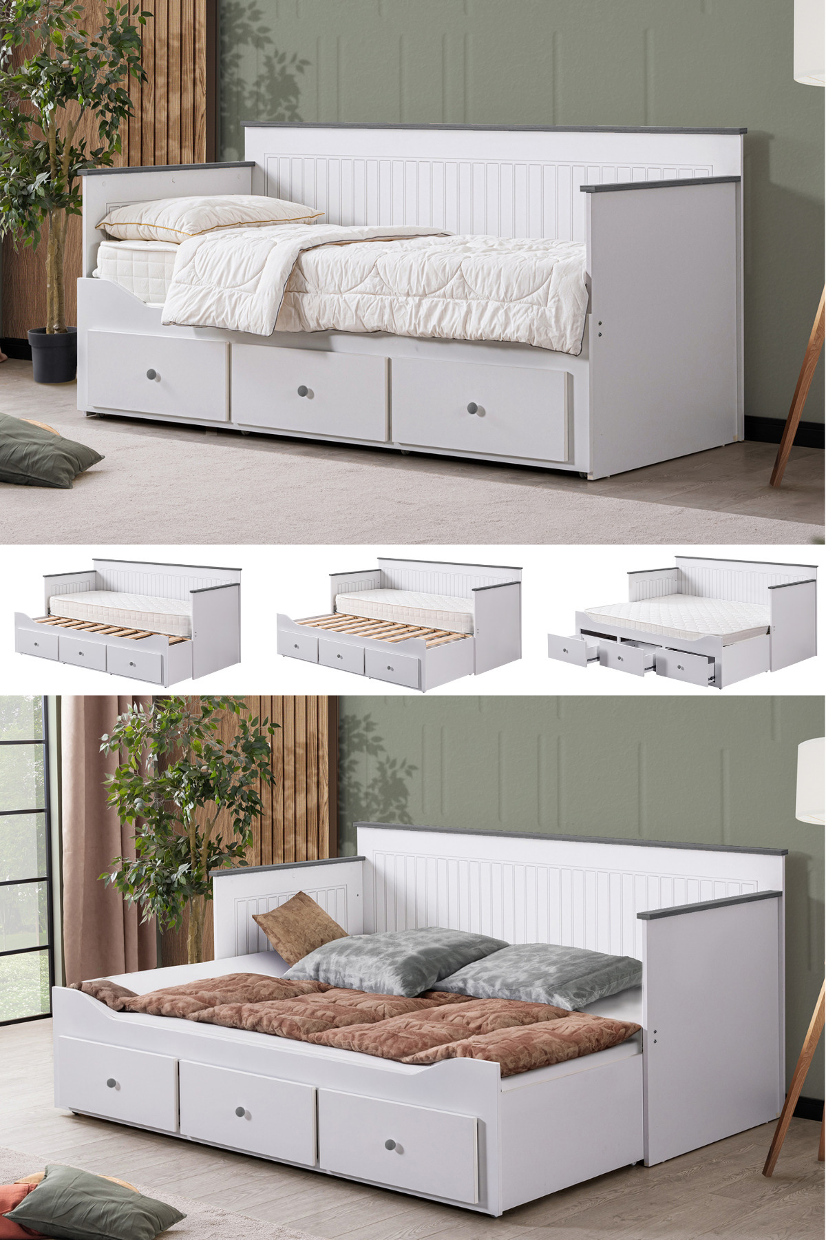 Setay Yavrulu Karyola, Marmaris Divan Karyola Çekmeceli Açılır Çift Kişilik Karyola + Soft Yatak -Antrasit