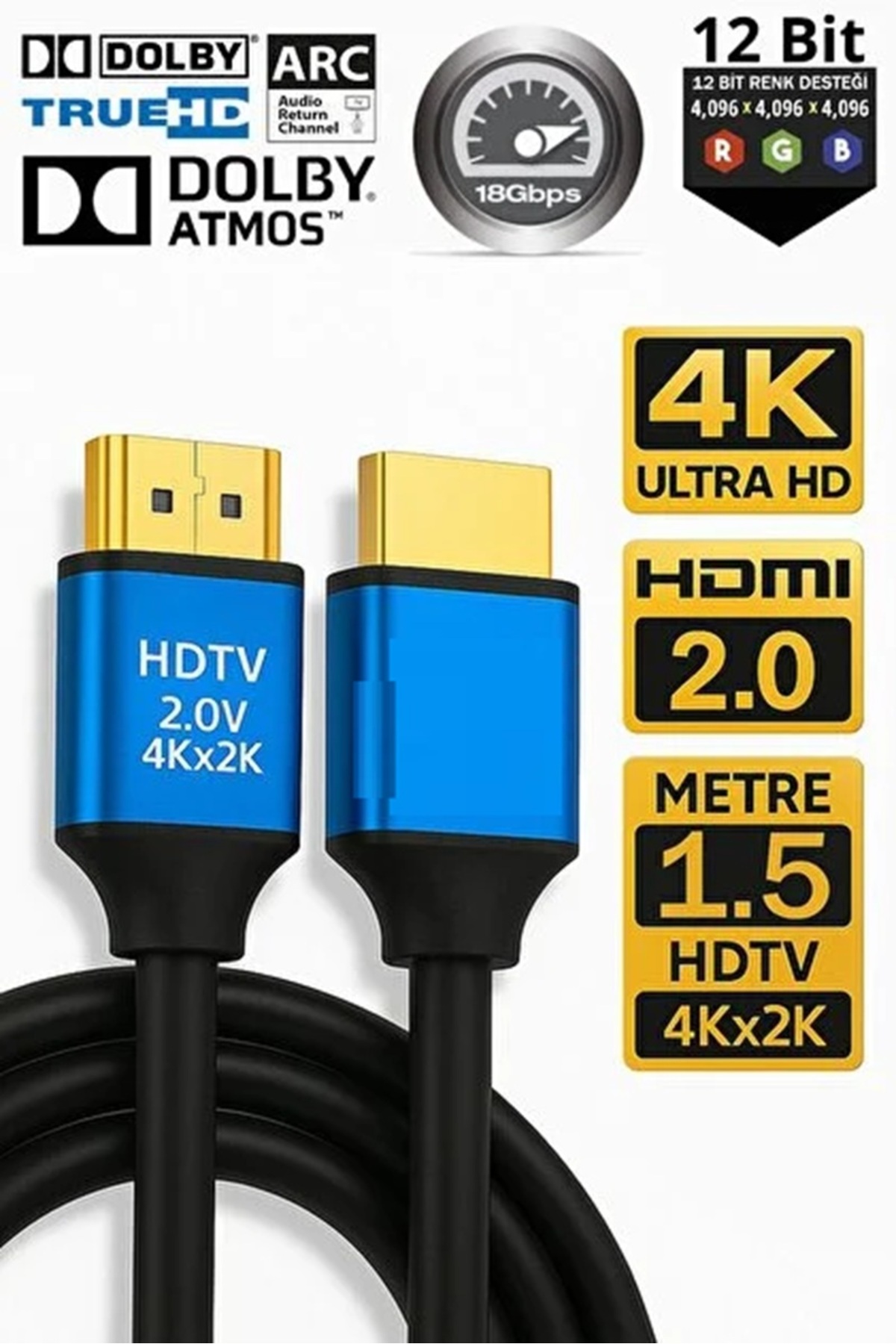 1.5 Metre Premium 4k120Hz Ultra HD TV'ler Bilgisayarlar ve Monitör Ekranları İçin Versiyon 2.0 Kablo