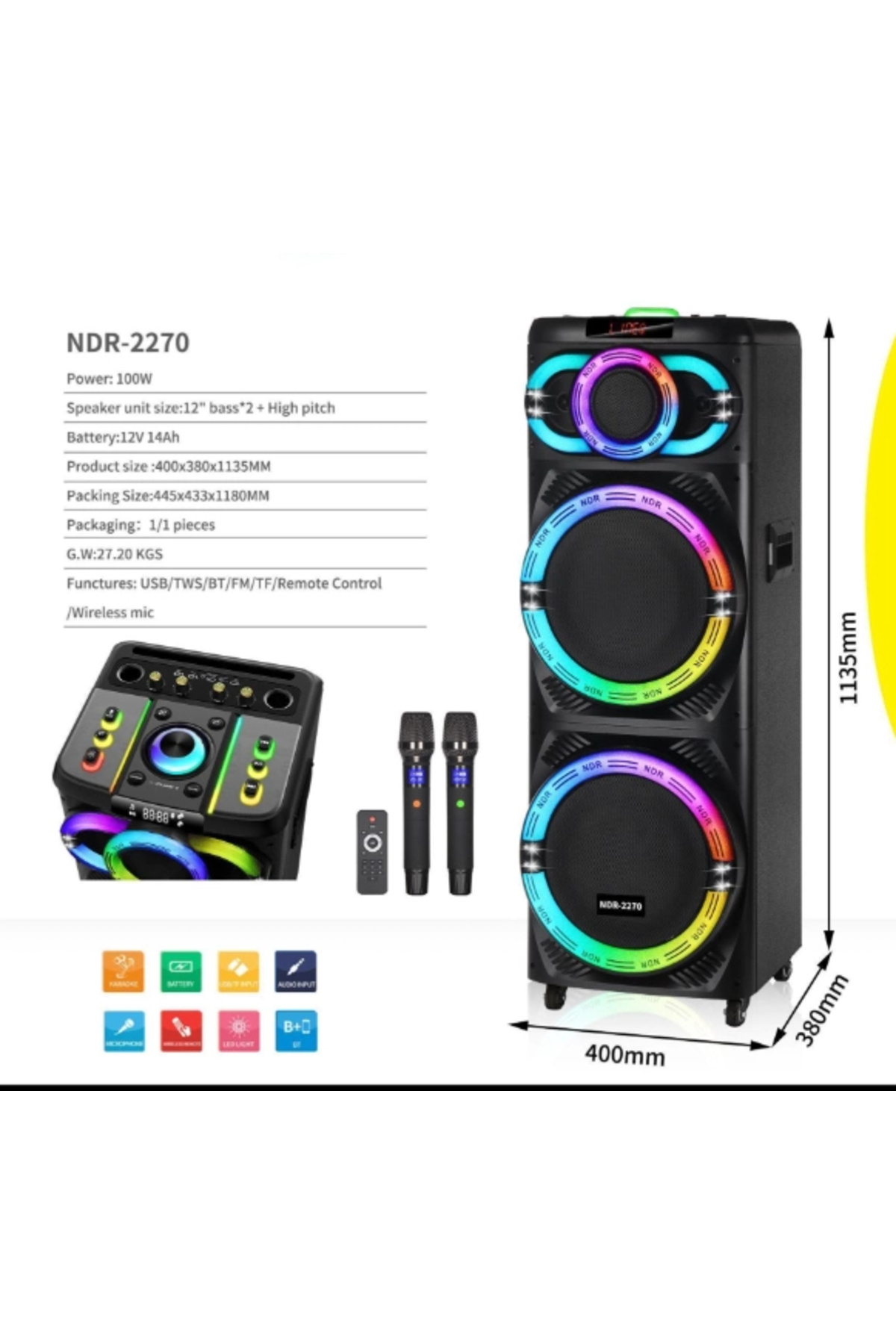 lucek cases NDR-2270 Çift 12 İnç Woofer Kablosuz Karaoke Hoparlör Mikrofonlu Sahne Taşınabilir Dev Ses Bombası