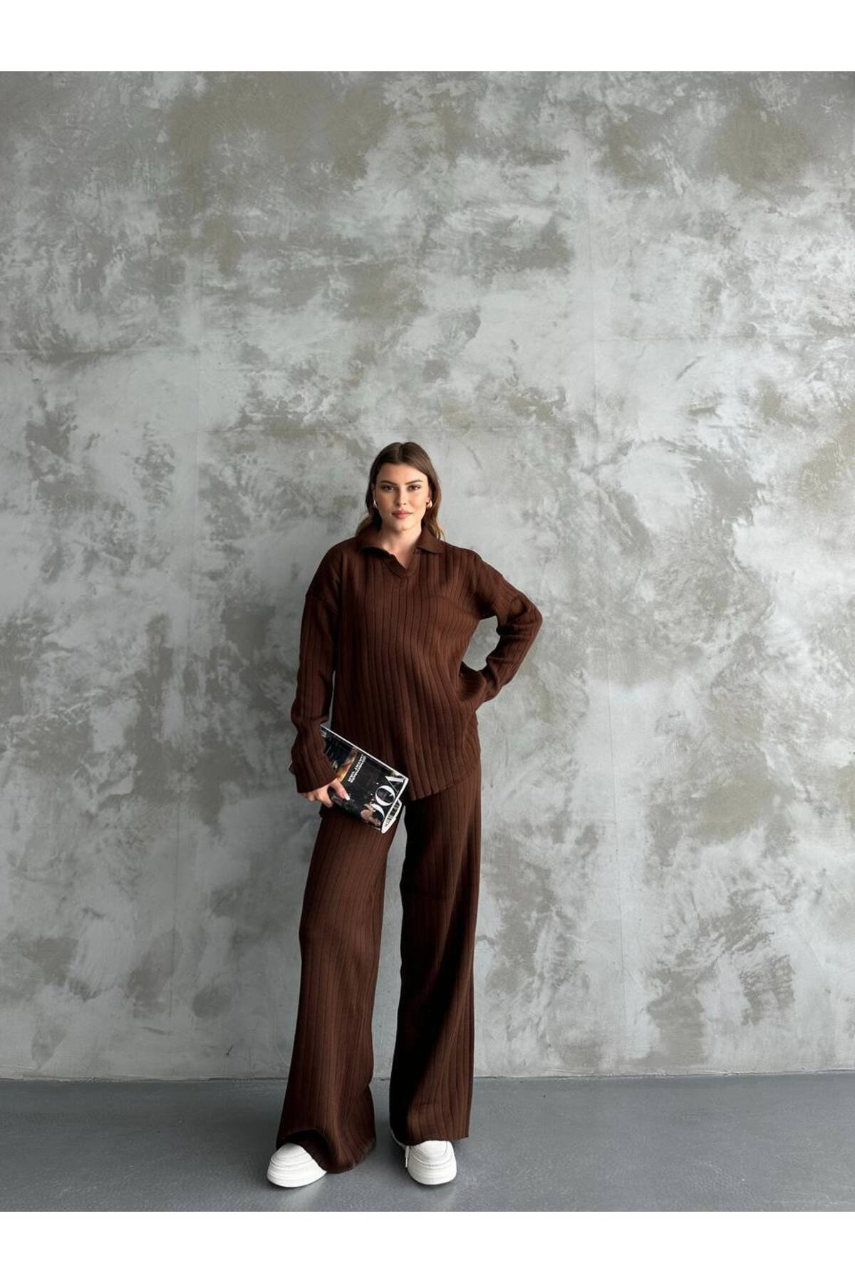 Ensemble tricoté bicolore pour femme marron - Görsel 3