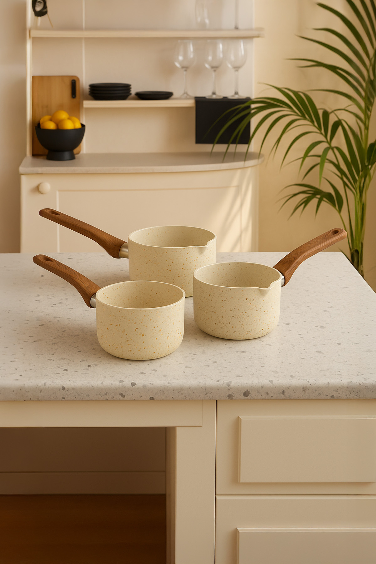 bersachef Elegance 3'lü Set Granit Desenli Sosluk Sütlük Tavası 500ml 1000ml 1550ml