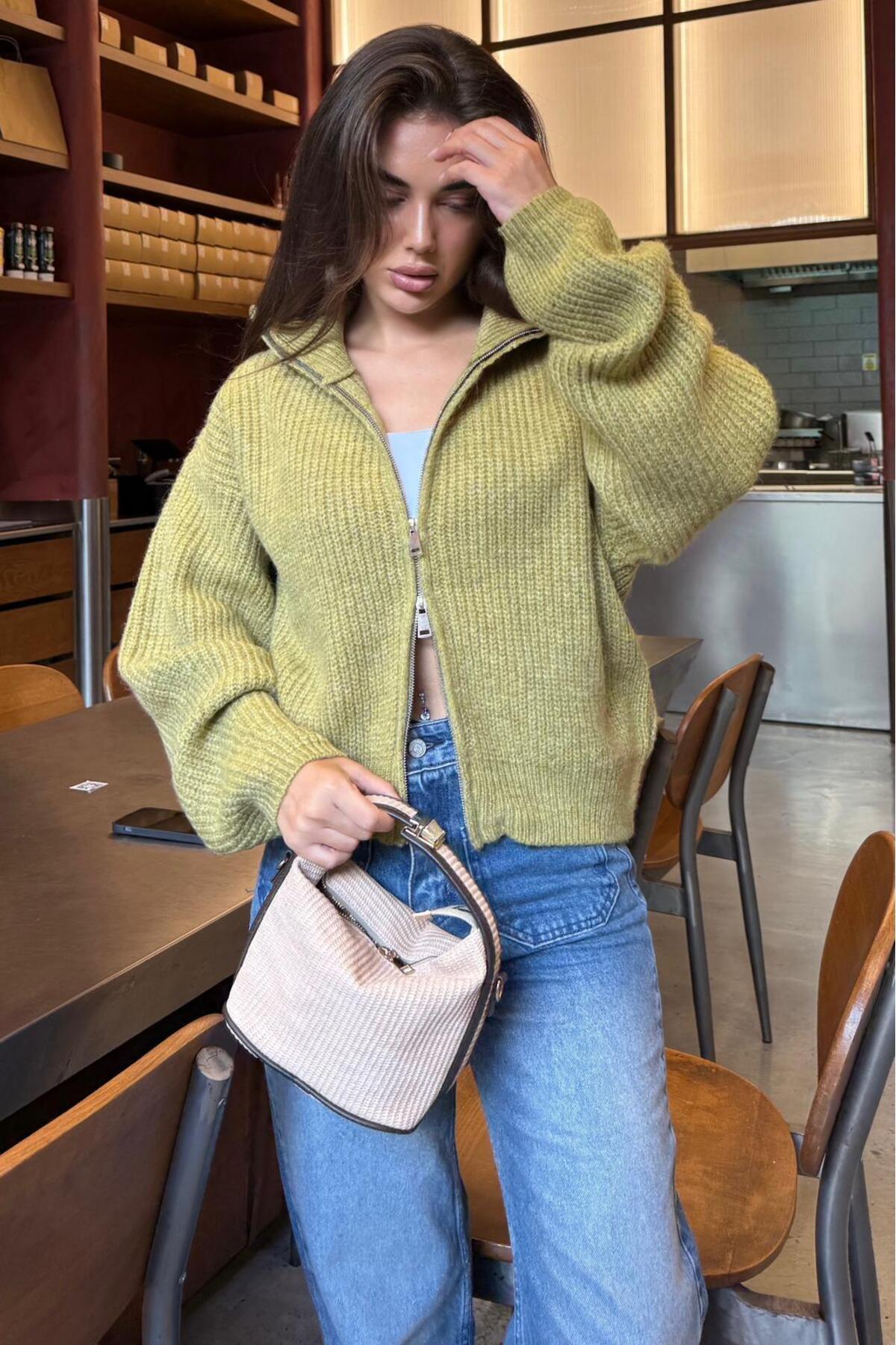 Green Double Zippered Women's Knitwear Cardigan Mg2532