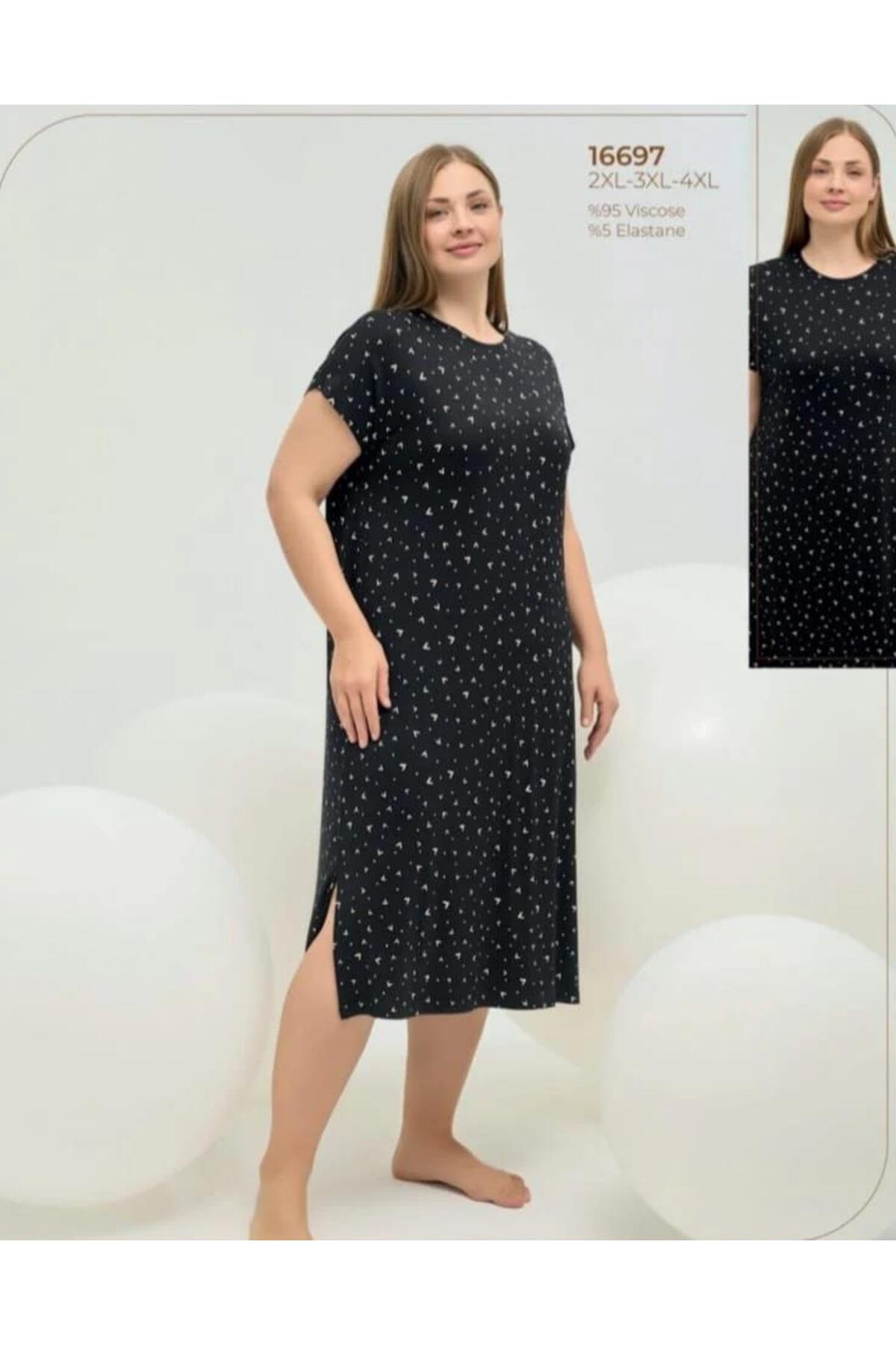 Sevim 16697 Siyah Kalpli Yarım Kollu Büyük Beden Battal Gecelik