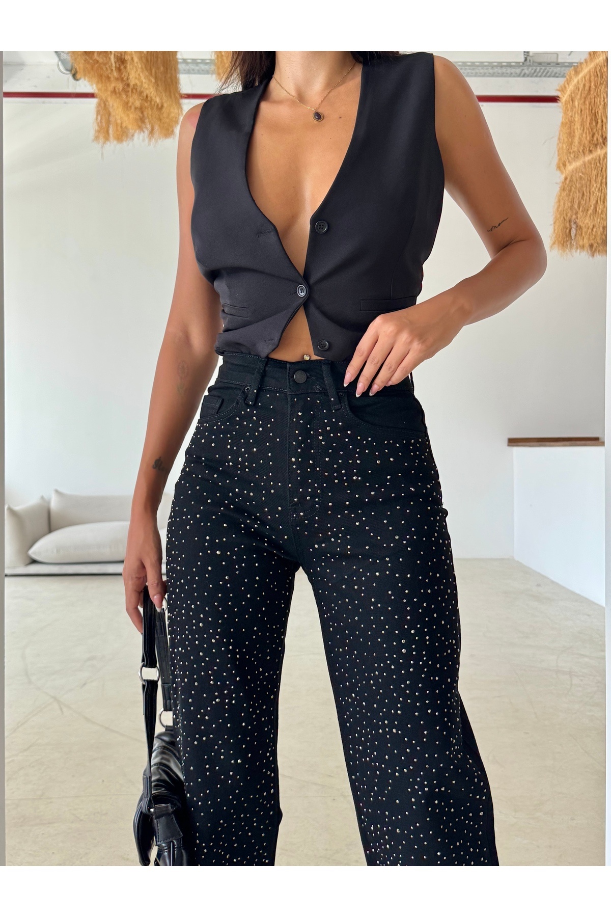 Swet Shop Jeans Γυναικείο τζιν Palazzo με ψηλόμεσο vintage γυαλιστερό σχέδιο με πέτρα, ειδικής σχεδίασης Lycra