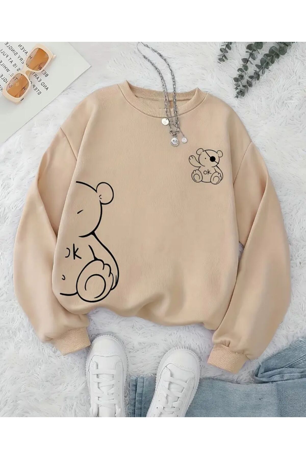 herkesemoda Світшот з ведмедиком, деталізованим візерунком, велосипедним коміром і флісовою підкладкою