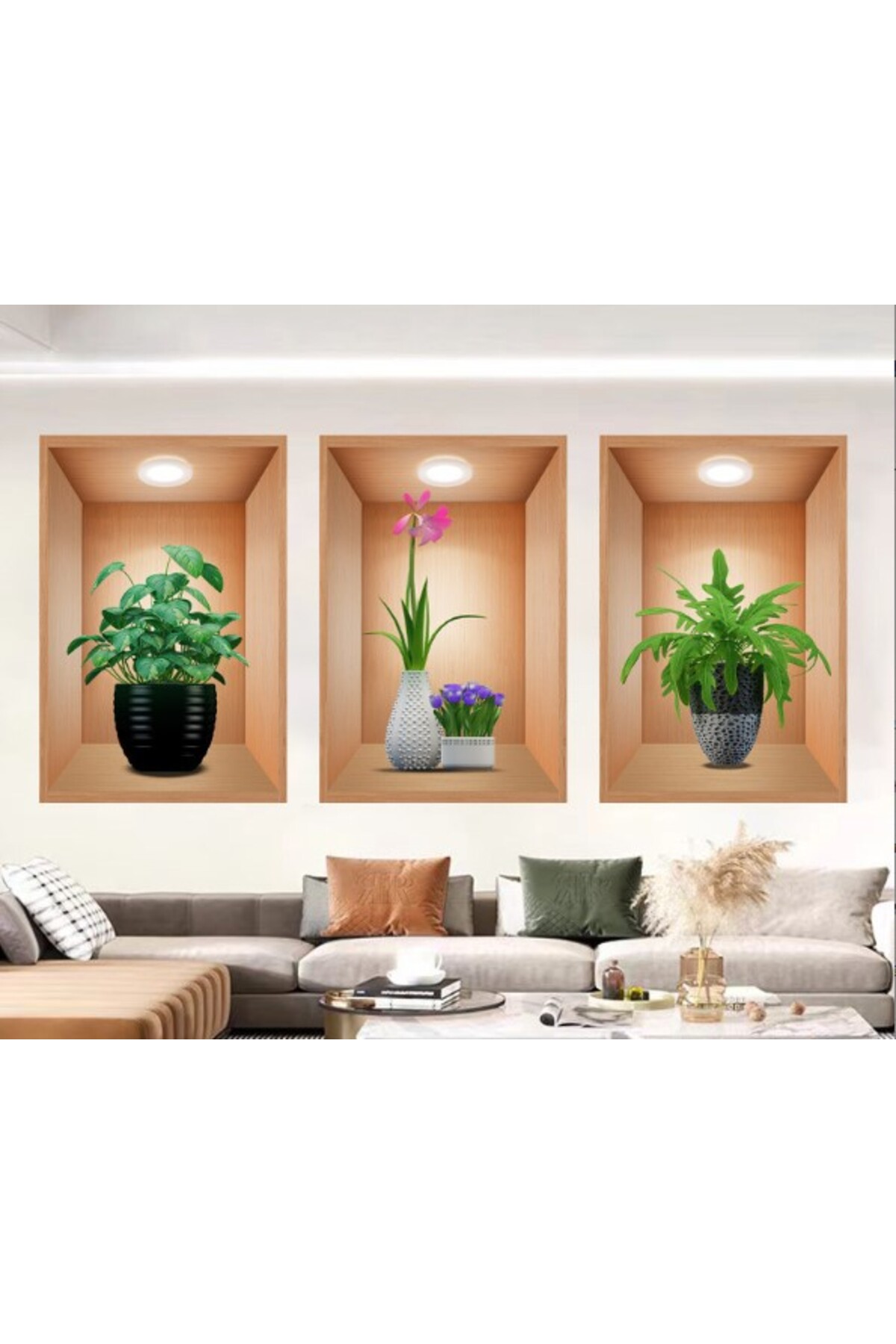 ست برچسب دیواری گلدان گل سه‌بعدی نسِی‌ورلد، مجموعه ۳ عددی، پس‌زمینه قهوه‌ای