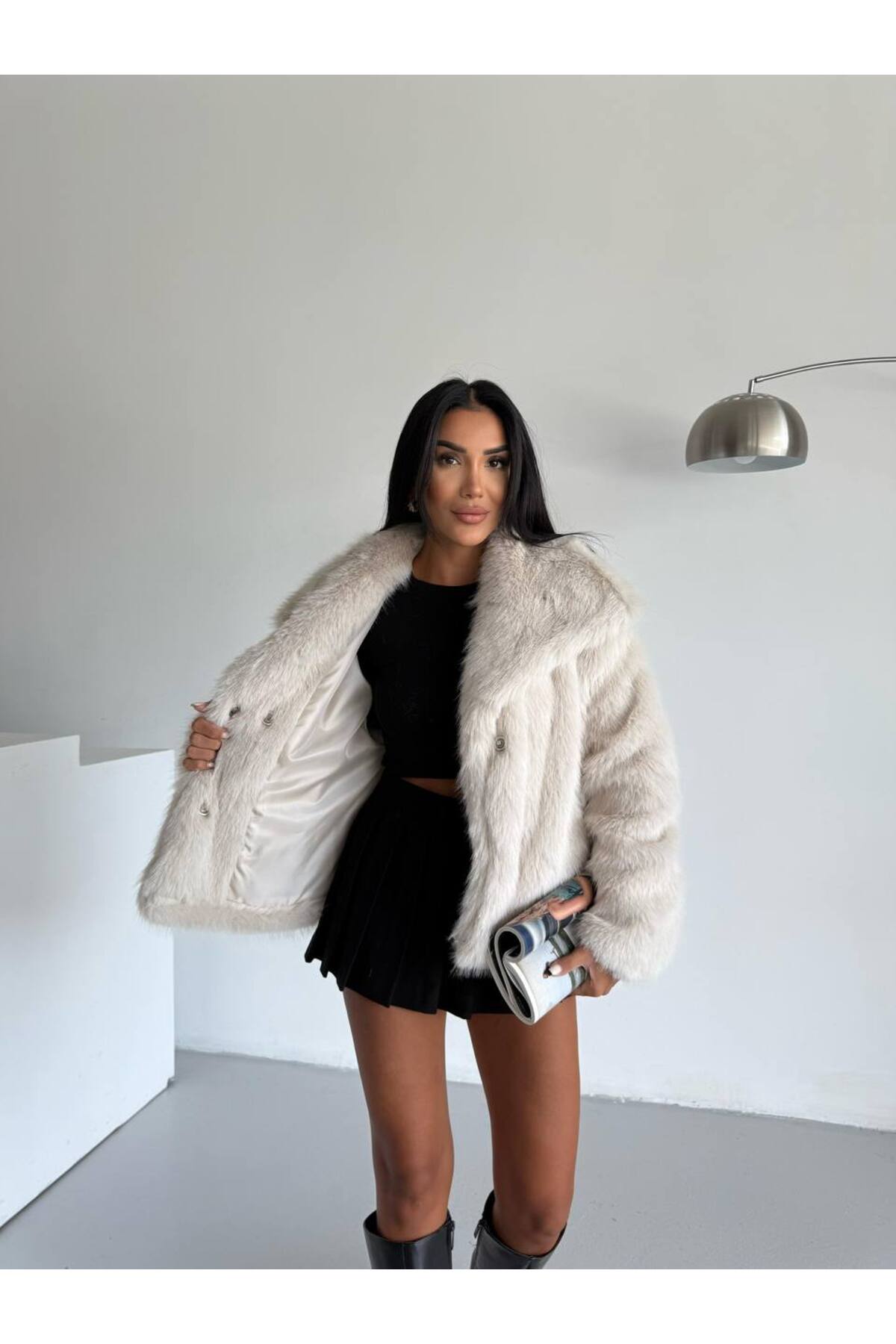 BE CHİC  KADIN DEVRİK YAKA CEPLİ ÇITÇIT KAPAMA İTHAL SUNİ KÜRK KABAN G6690 - Görsel 3