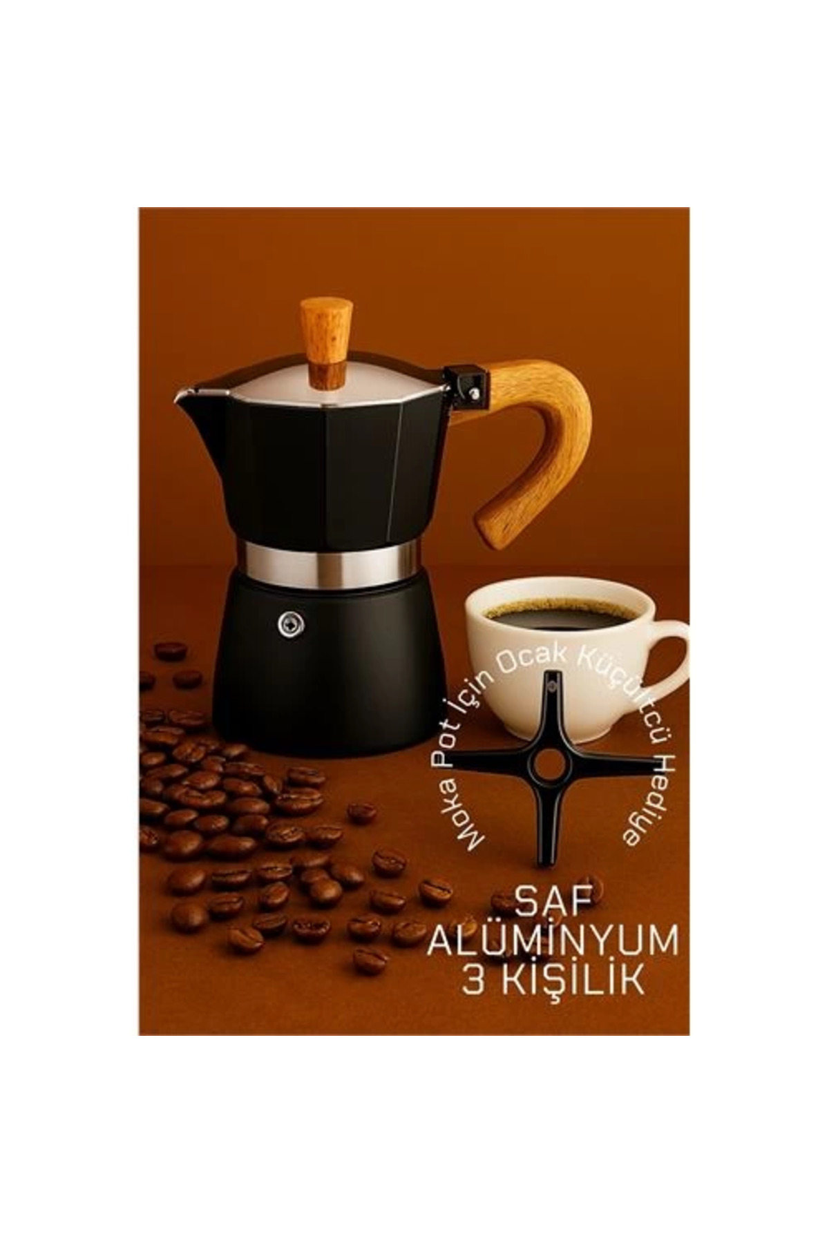 Ronanna BFS Italyan Moka Pot - 6061 Saf Alüminyum Ahşap Saplı - 3 kişilik SİYAH