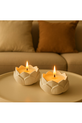 Havalı Tasarım Lotus Çiçeği Desenli 2 Adet Beyaz Beton Soya Parafin Mum