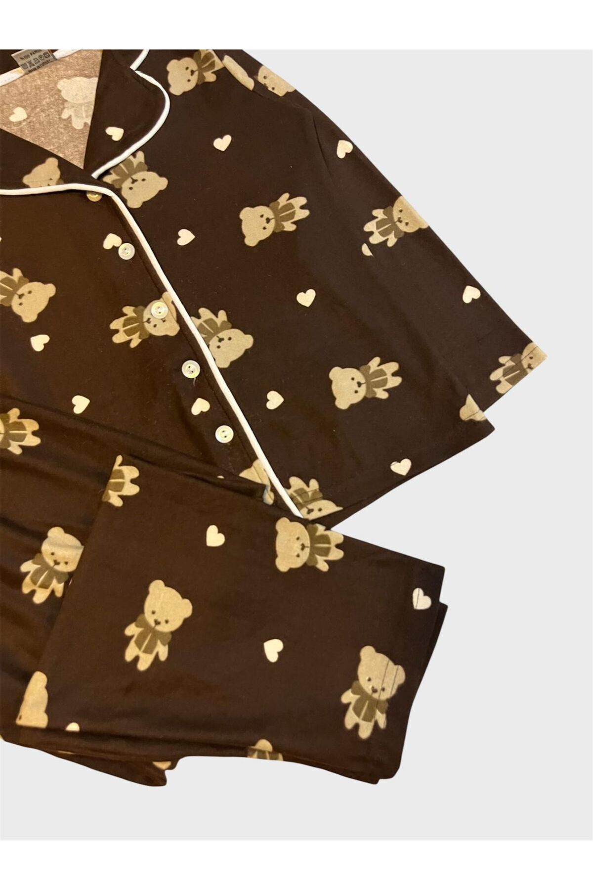 ALİŞ KİDS Anne - Kız Pamuklu Süet Kumaş Kahverengi Ayıcık Desenli Gömlek Yaka Düğmeli Pijama Takımı fotoğrafı 4 (önizleme)