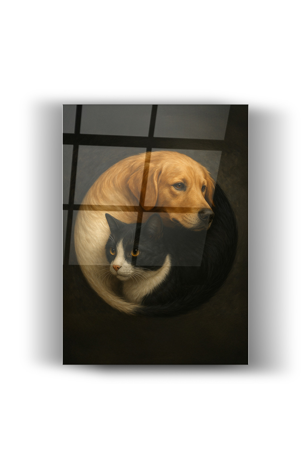 Kedi ve Köpeğin Dostluğunu Göstren Modern ve Şık Bir Dekoratif -Cam Tablo-Ev ve Ofis Dekorasyonu