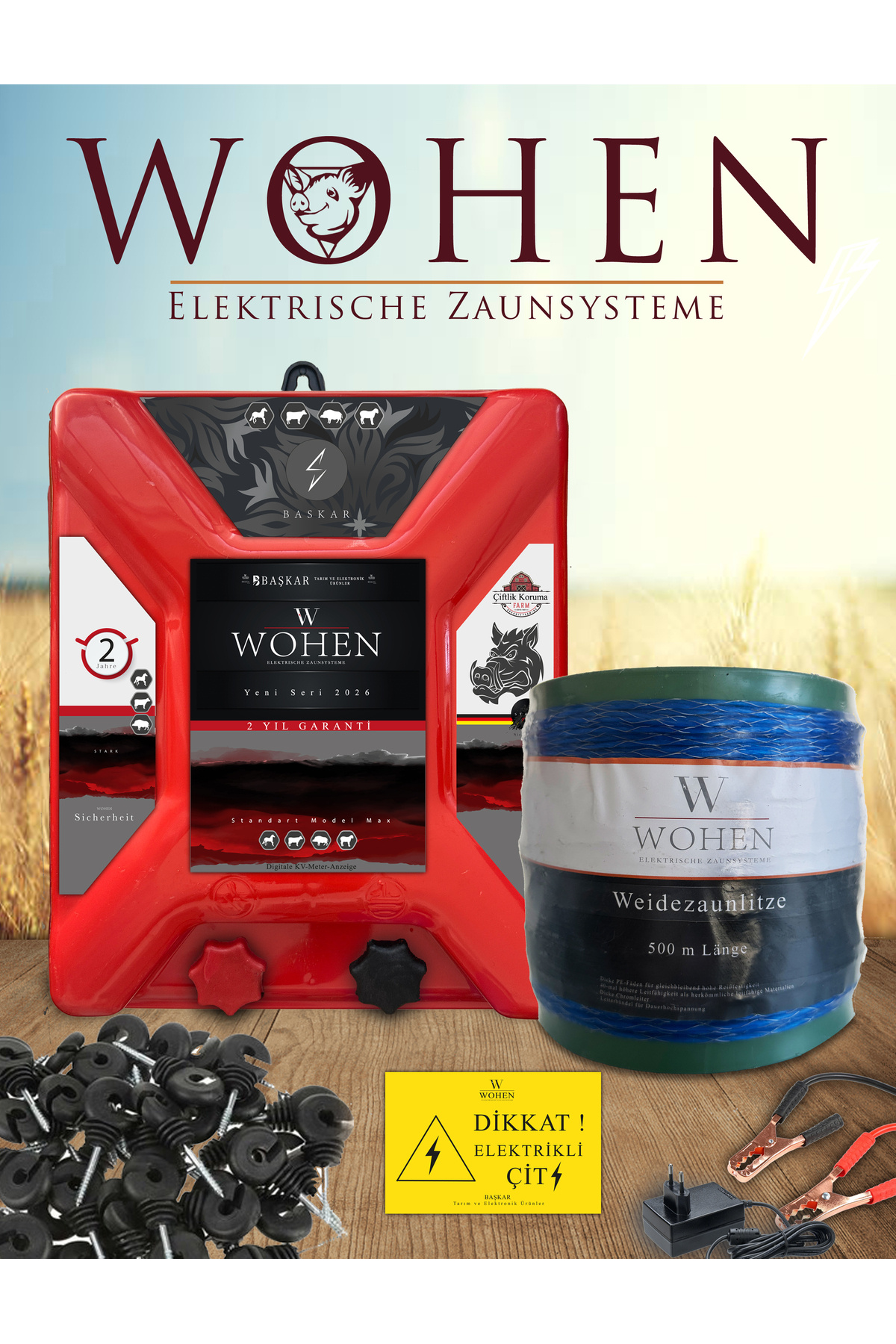 wohen Ayı-domuz Kovucu Elektrikli Çit Makinesi, 500 Metre Krom Teli ve İzolatör Tam Set.