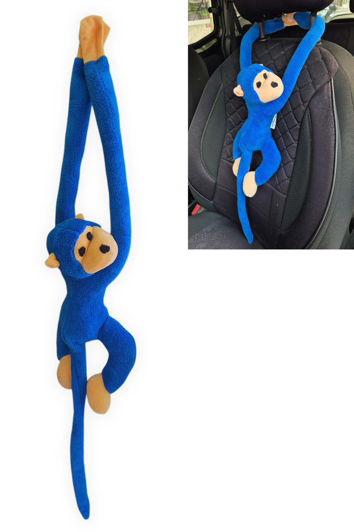 TUSBA MARKET Araç İçi Dekoratif Mavi Pelüş Maymun Yastık | Yapışkan Elleriyle Koltuğa Sarılan Sevimli Aksesuar