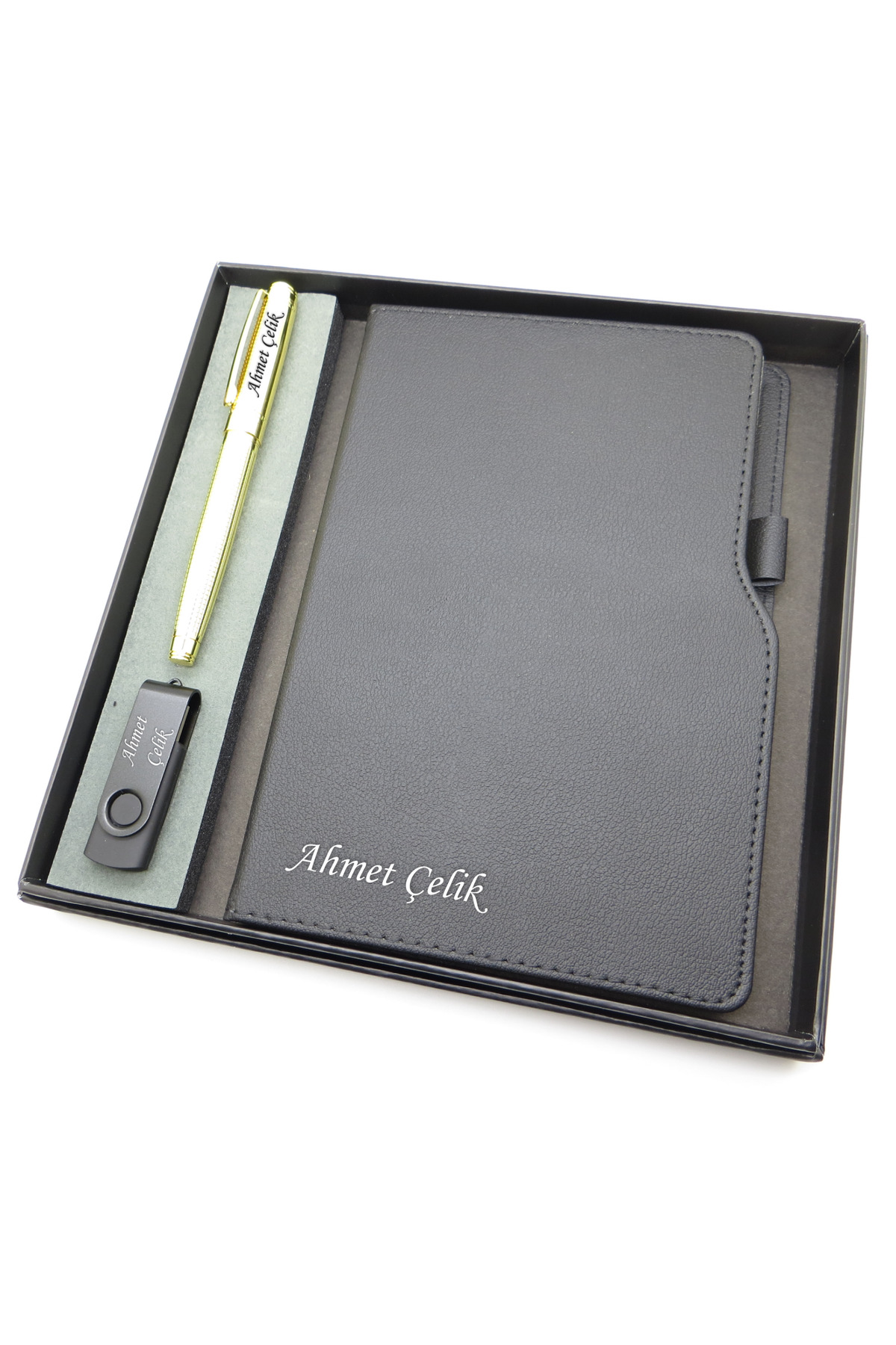 Signator ® Codex | N356 Kişiye Özel Defterli Set - İsme Özel Gold Kalem + İsme Özel Siyah Defter + İ