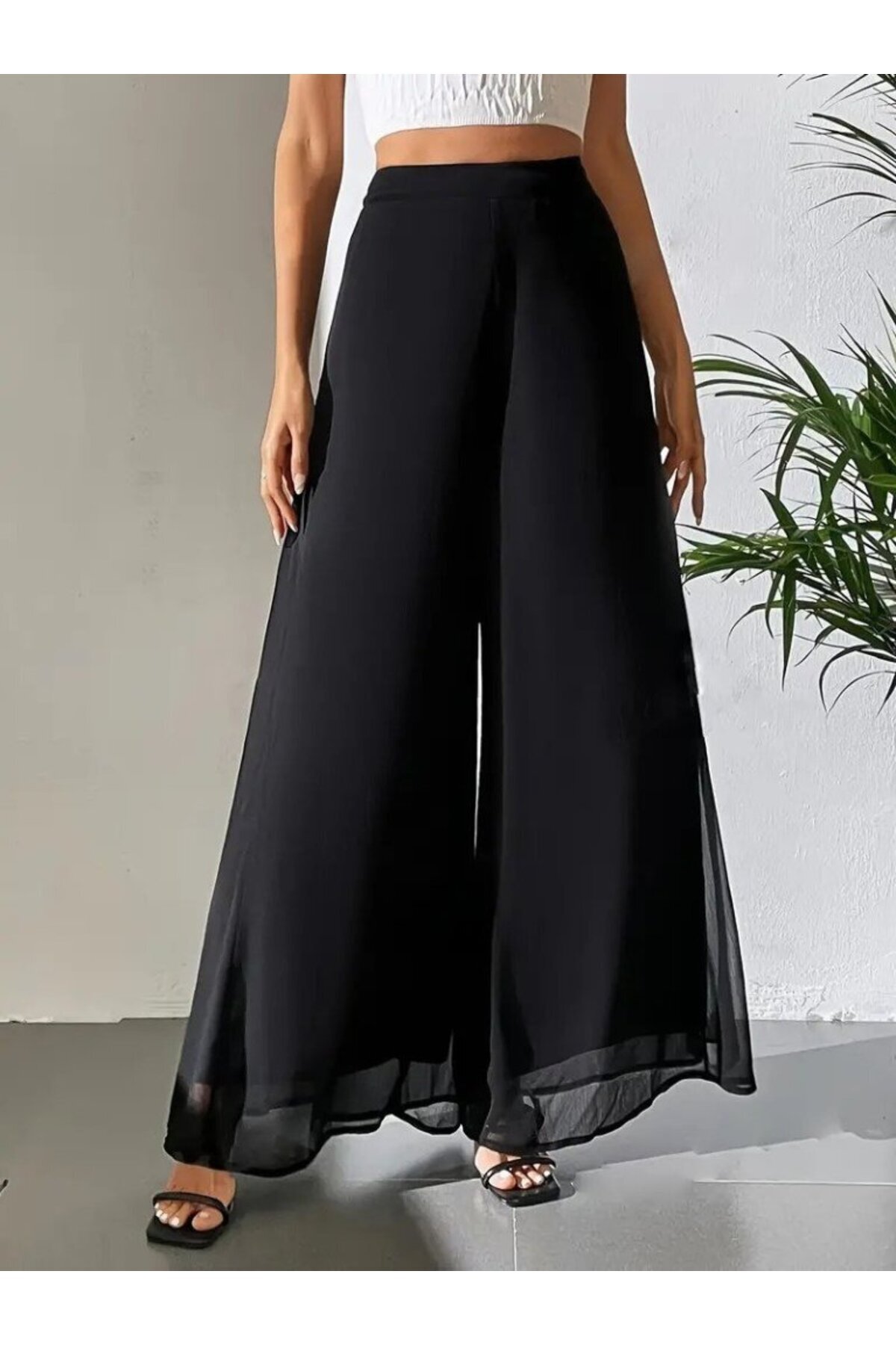 Sisa Butik  Kadın Yüksek Bel Geniş Paçalı şifon Pantolon - Görsel 5
