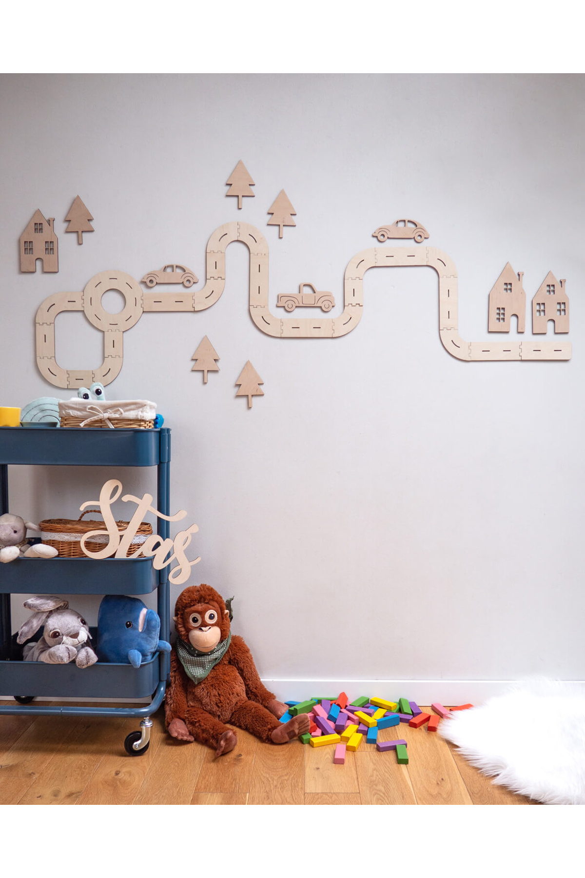 AŞKTOPLARIM Arabalı Yol Ağaç Ev Set Ahşap Dekor| Bebek - Çocuk Odası Duvar Aksesuarı