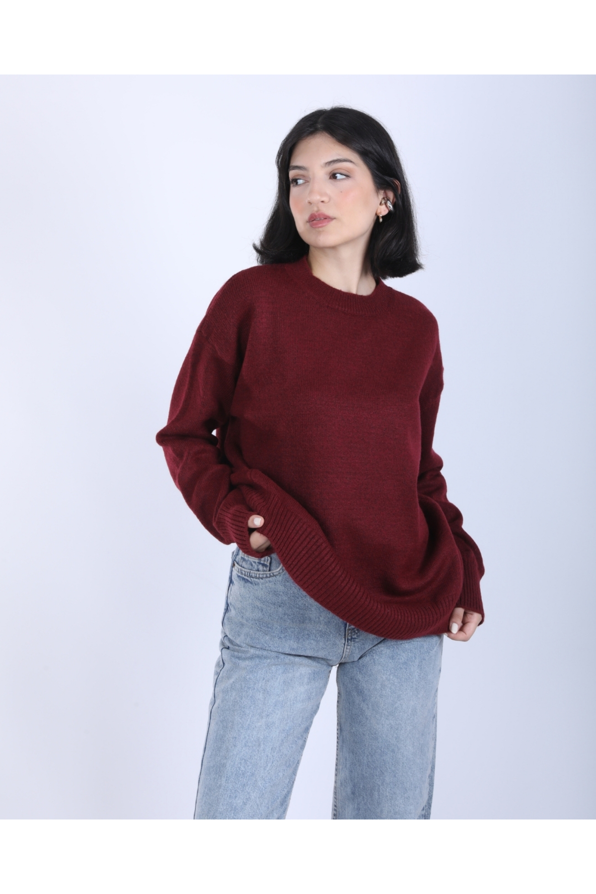 Kadın Bordo Bisiklet Yaka Oversize Salaş Triko kazak