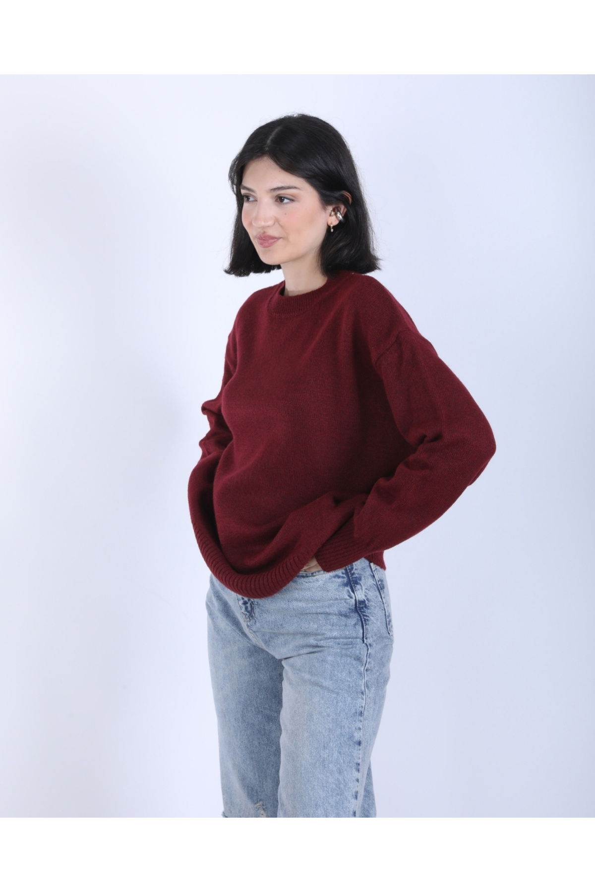 Kadın Bordo Bisiklet Yaka Oversize Salaş Triko kazak