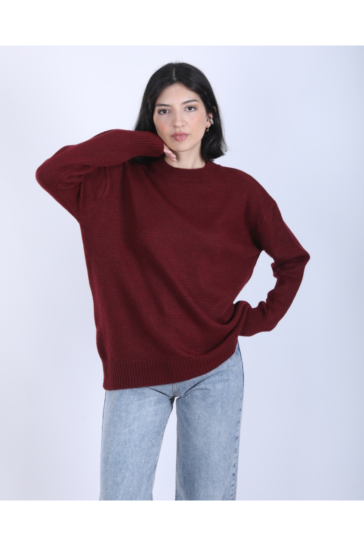 Kadın Bordo Bisiklet Yaka Oversize Salaş Triko kazak