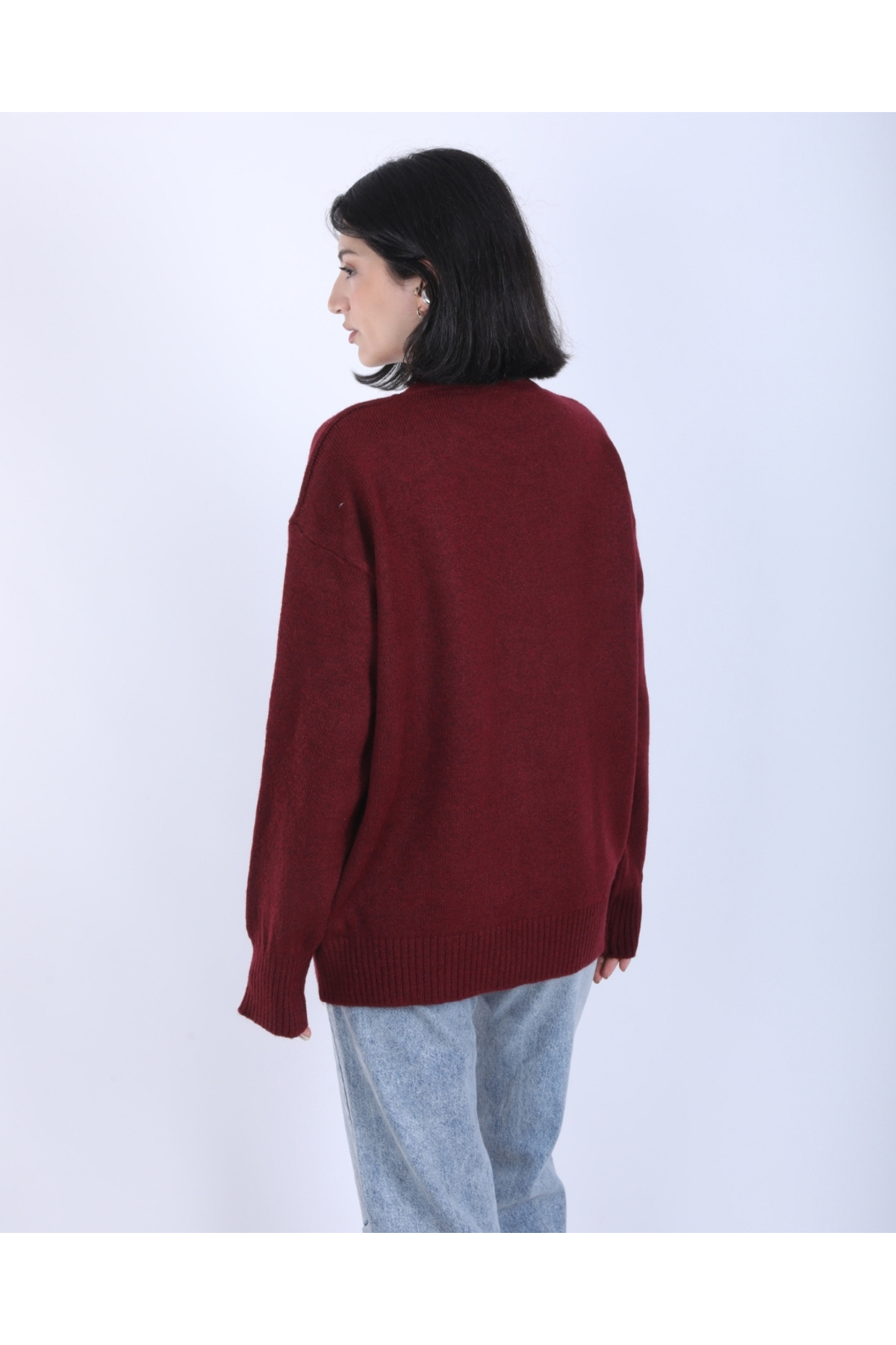 Kadın Bordo Bisiklet Yaka Oversize Salaş Triko kazak