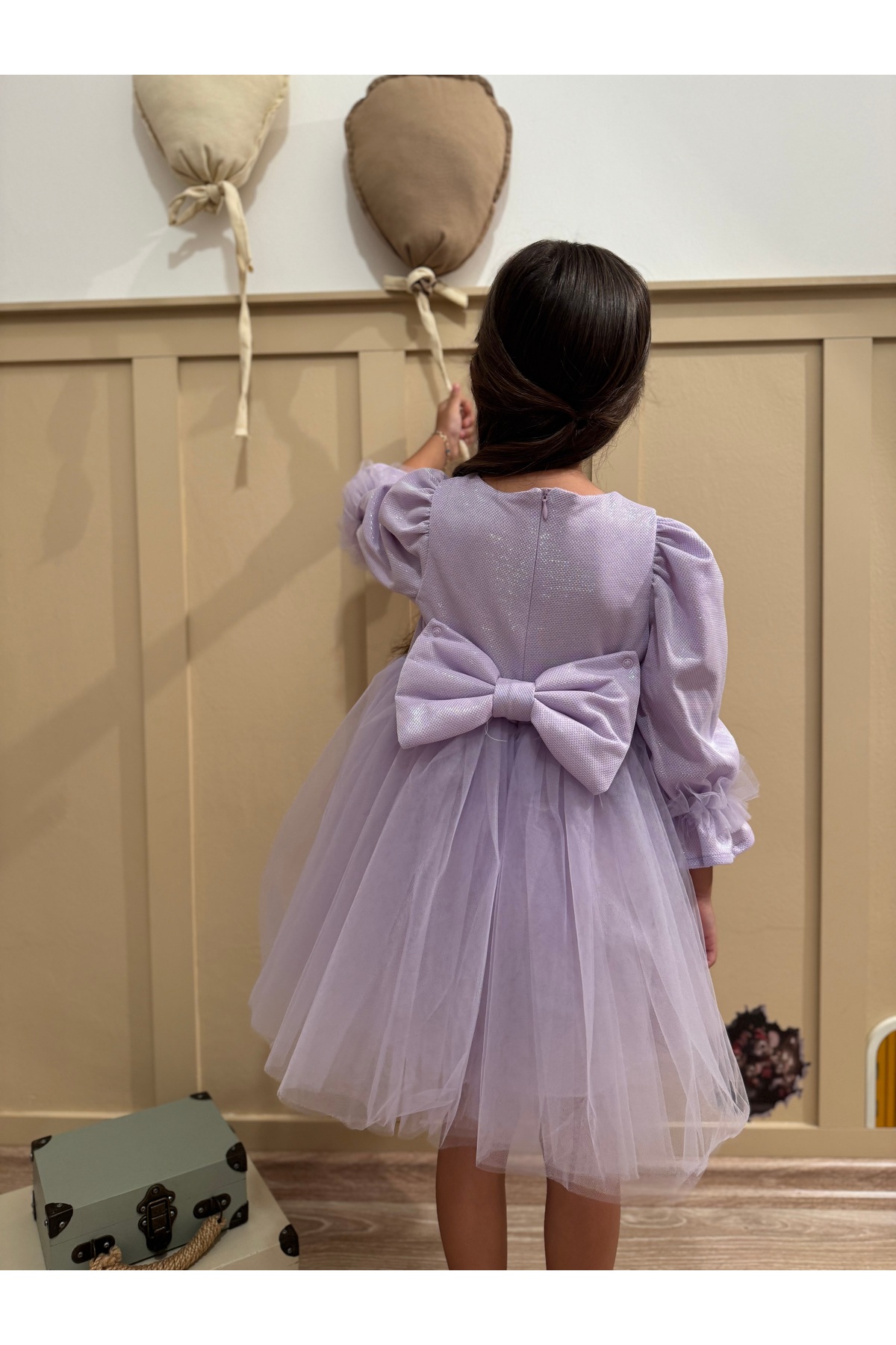 penu baby kids Lila Pırıltı Kumaş Altı Tül Etekli Pamuk Astarlı Fiyonklu Uzun Kol Kız Çocuk Kız Bebek Elbise fotoğrafı 6 (önizleme)