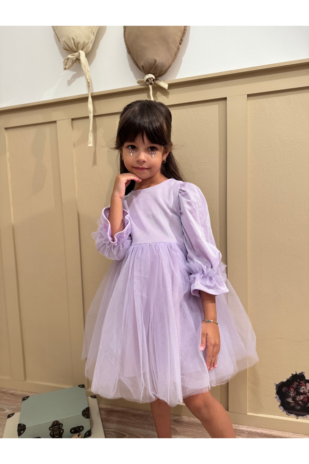 penu baby kids Lila Pırıltı Kumaş Altı Tül Etekli Pamuk Astarlı Fiyonklu Uzun Kol Kız Çocuk Kız Bebek Elbise fotoğrafı 4 (önizleme)