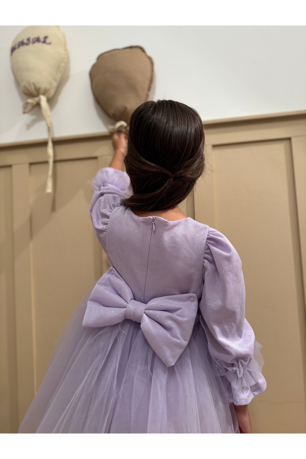 penu baby kids Lila Pırıltı Kumaş Altı Tül Etekli Pamuk Astarlı Fiyonklu Uzun Kol Kız Çocuk Kız Bebek Elbise fotoğrafı 5 (önizleme)