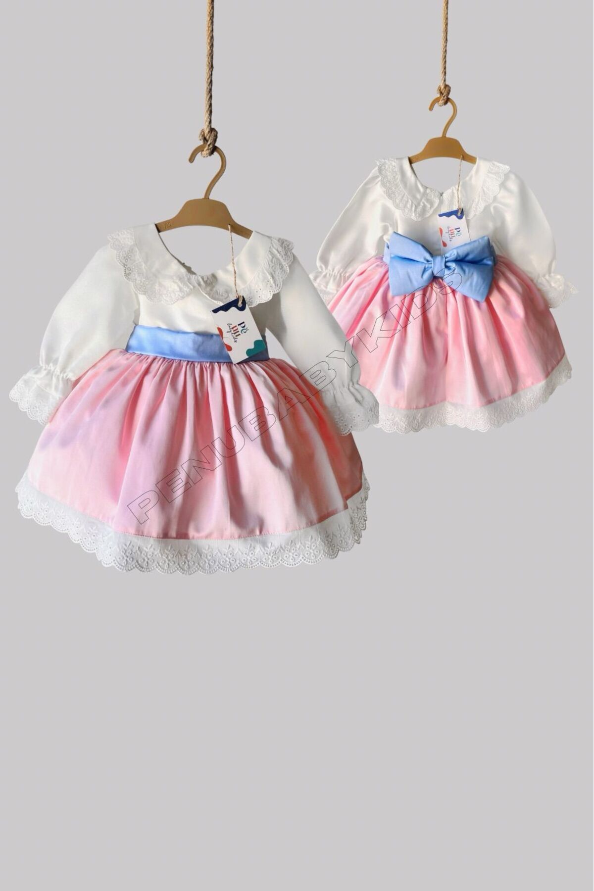 penu baby kids Pembe Etek Mavi Kemerli Pamuk Saten Uzun Kollu Dantelli Kız Çocuk Kız Bebek Elbise fotoğrafı 4 (önizleme)