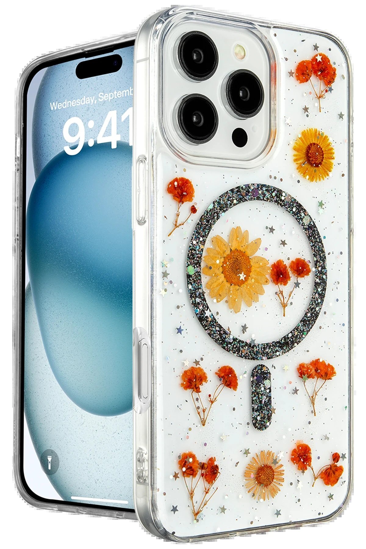 Northcity iPhone 16 Pro Kılıf Daisy Simli Magsafe Kapak - Siyah-(5796)