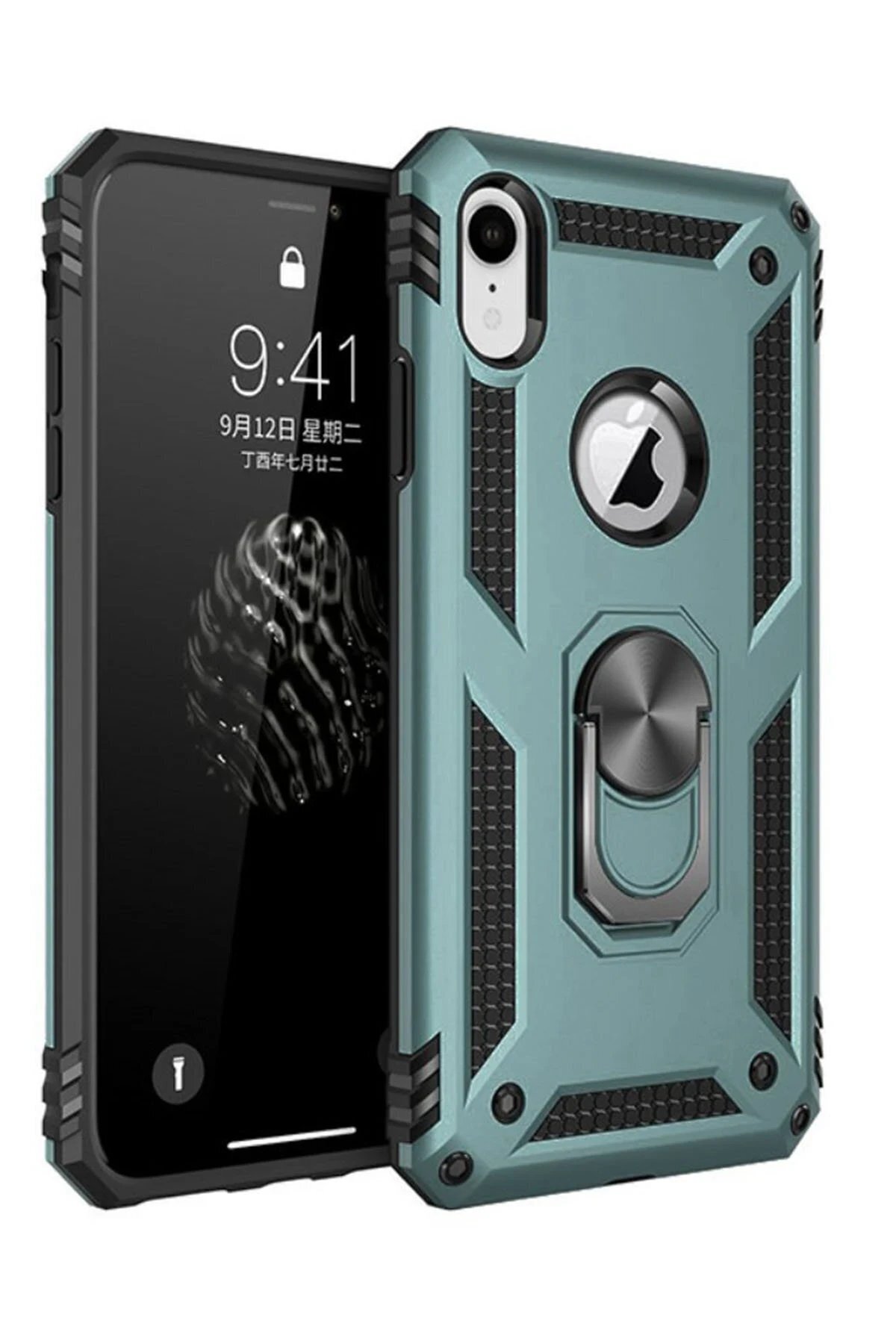 Northcity iPhone XR Kılıf Sofya Yüzüklü Silikon Kapak - Yeşil-(5796)