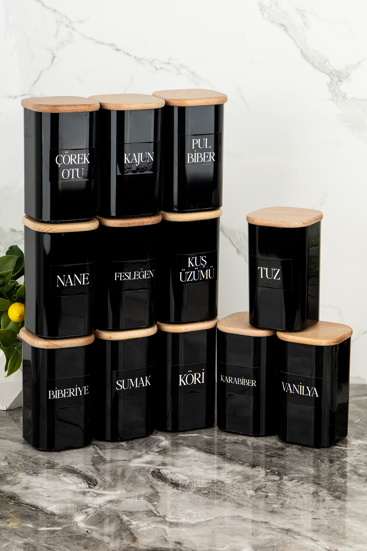 12 Pieces 250 ml Vacuum Bamboo Wooden Cover Black Acrylic Spice Holder Set with Label Gift