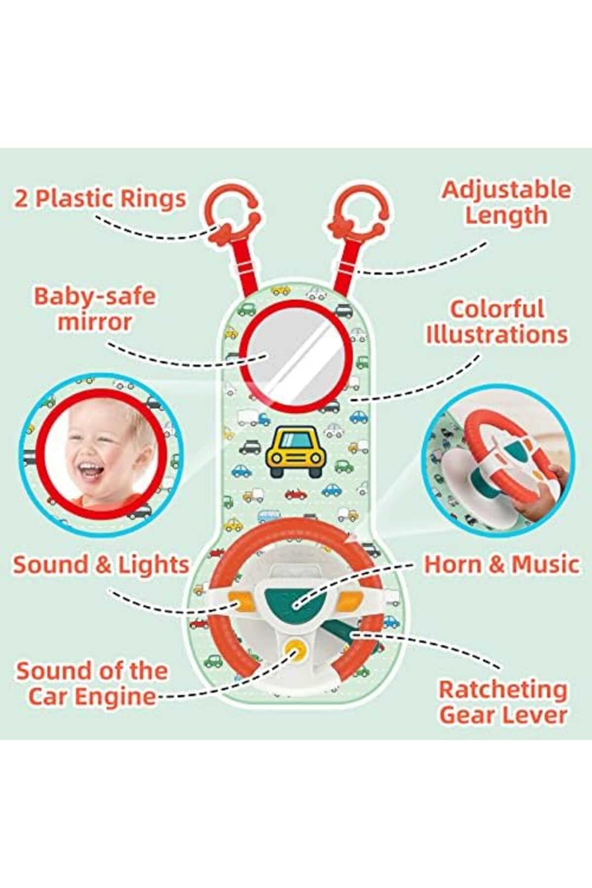 لعبة مقعد السيارة للأطفال الرضع بعجلة قيادة وموسيقى وأضواء, مرآة سلامة وتسلية أثناء القيادة