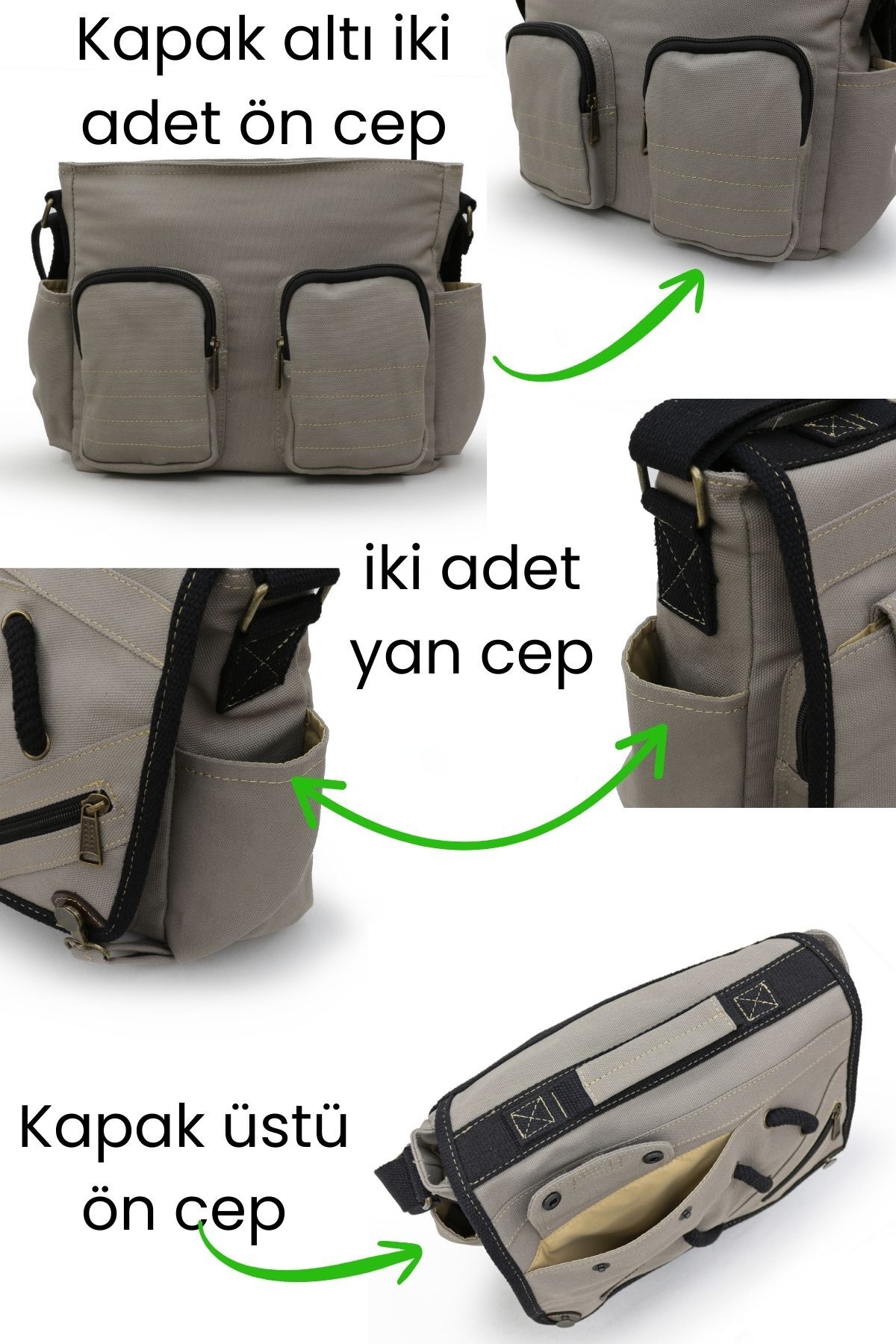 Cappadocia Vintage 4017 Açık Gri 14" Laptop Kanvas Postacı Okul Çantası Unisex Kilitli Çok Cepli Omuz Askılı görsel 5