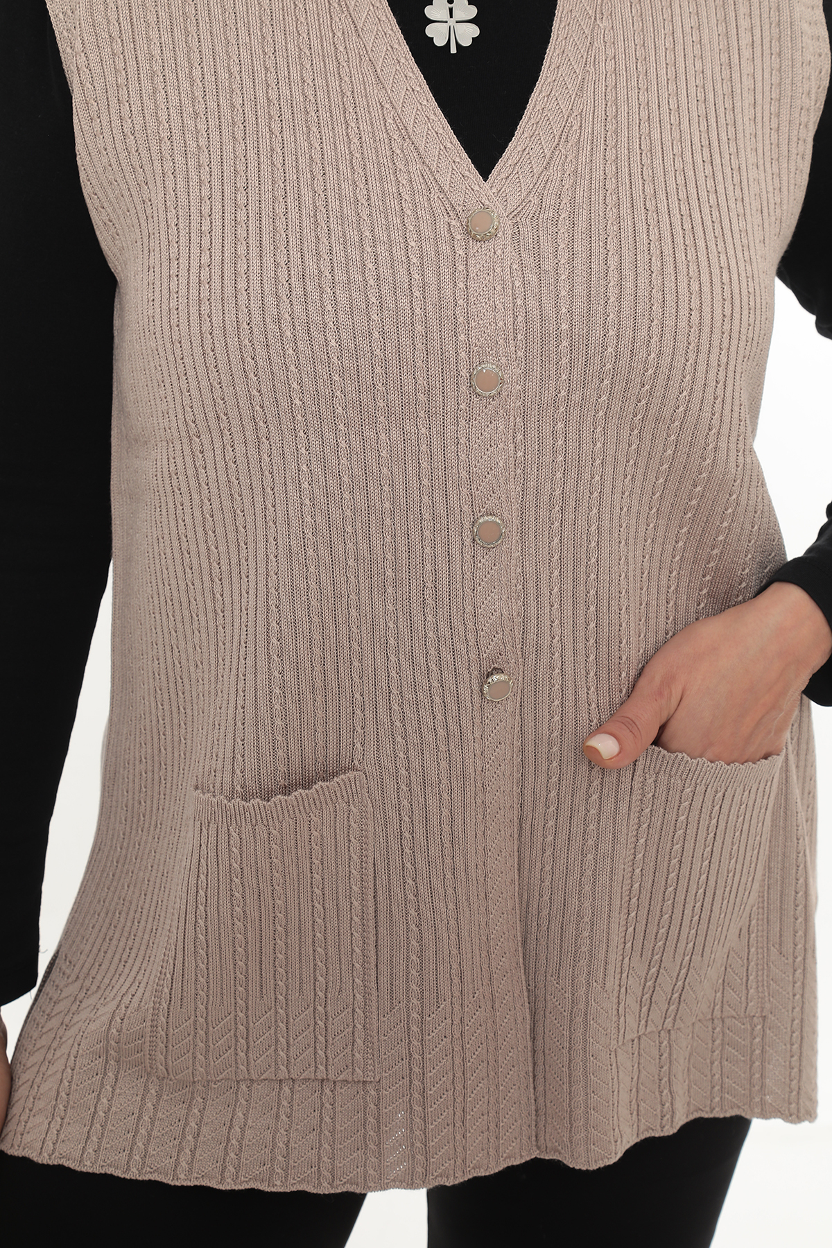 جلیقه بافتنی استایل مادرانه زنانه راسته بدون آستین | İKSUN 1211ROLAXİKS - تصویر 4
