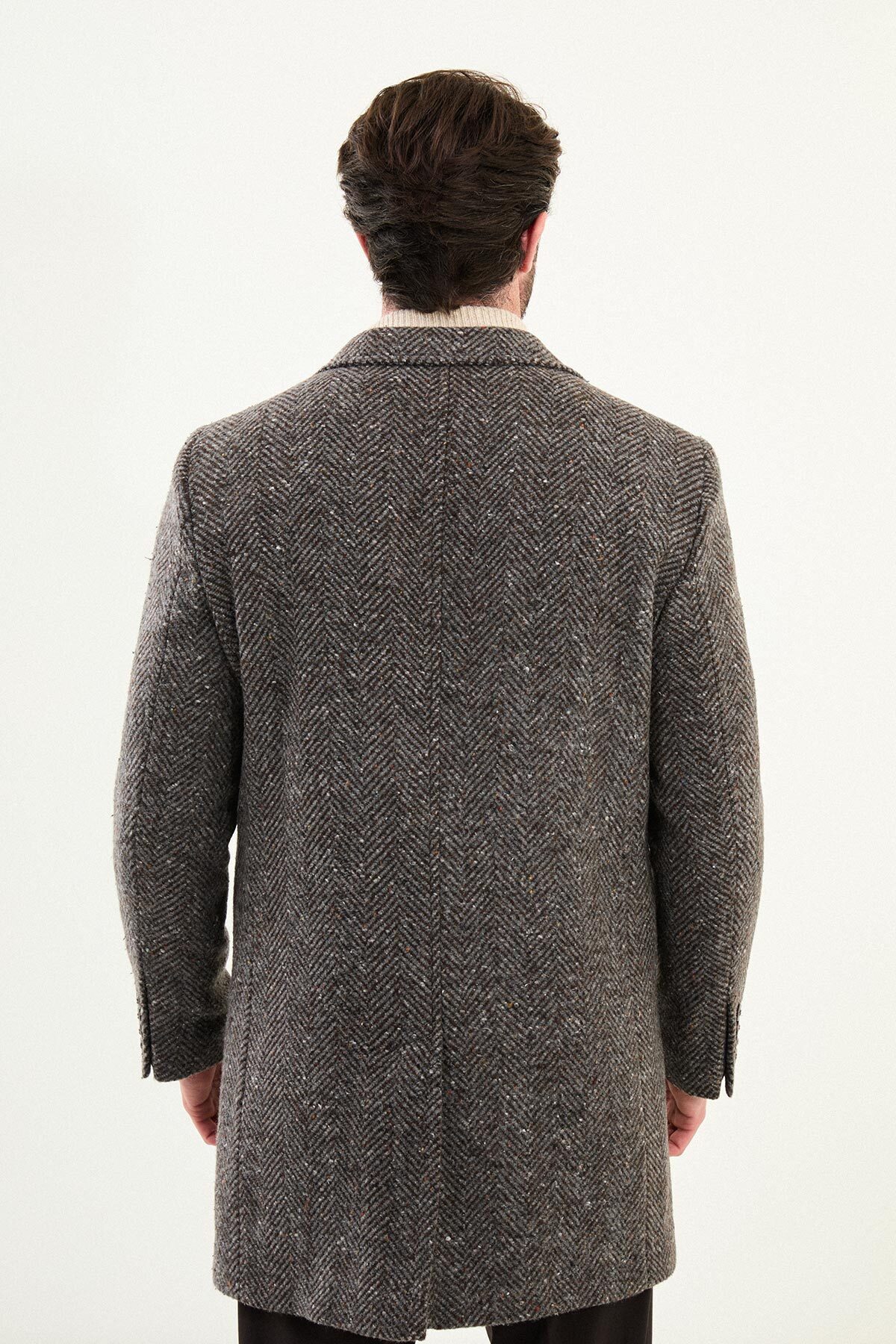 Kırçıllı Slim Fit Geniş Yaka Yün Erkek Kaban Kahve-Gri - 21334.25K — رنگارنگ — تصویر 5 از 6