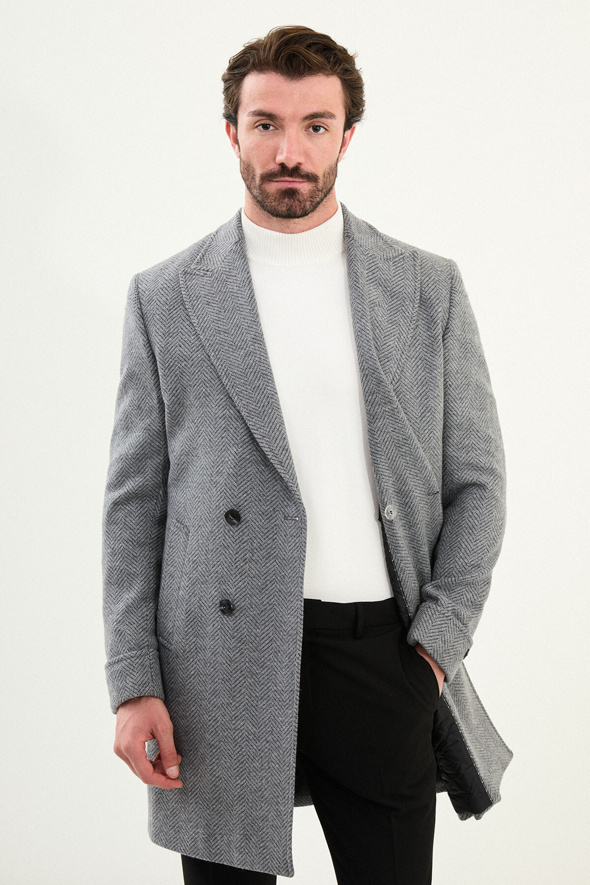 Desenli Slim Fit Geniş Yaka Kruvaze Yün Erkek Kaban Gri - 21321.25K — رنگارنگ — تصویر 4 از 6