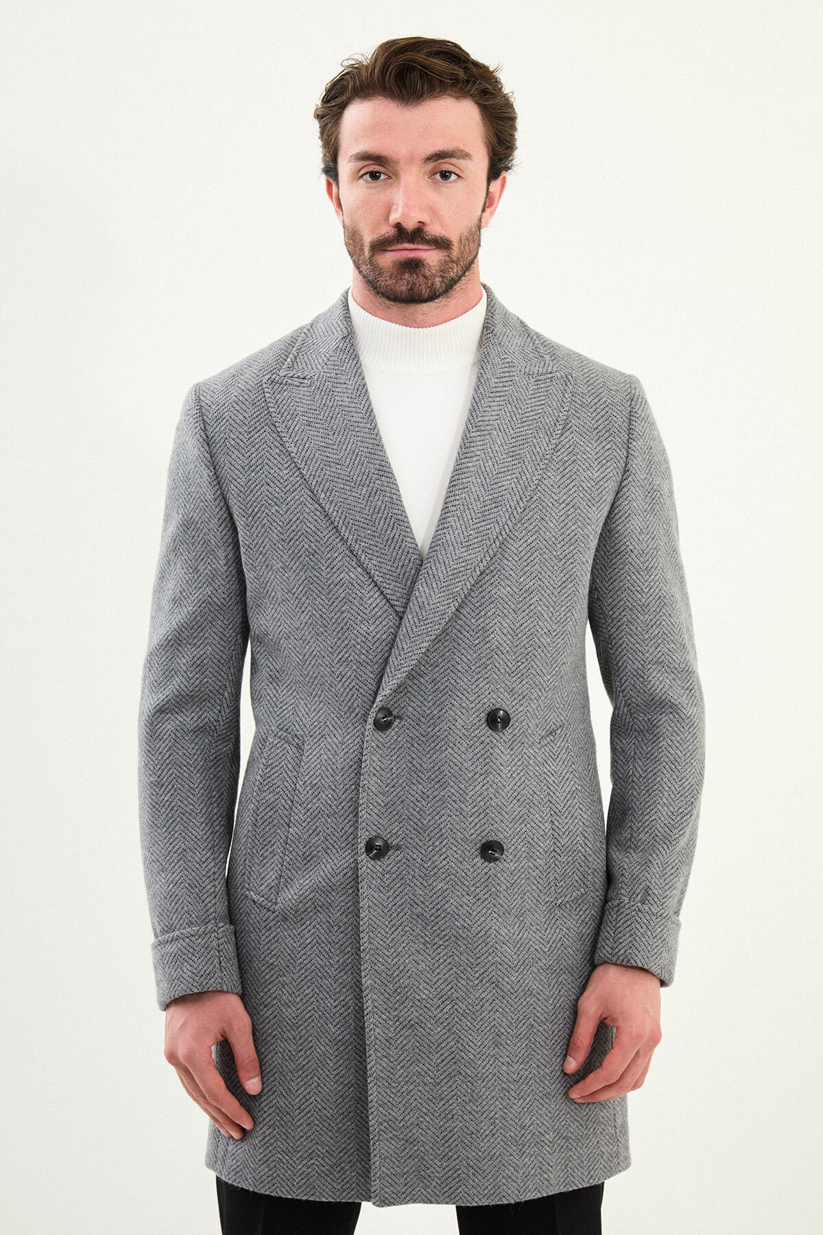 Desenli Slim Fit Geniş Yaka Kruvaze Yün Erkek Kaban Gri - 21321.25K — رنگارنگ