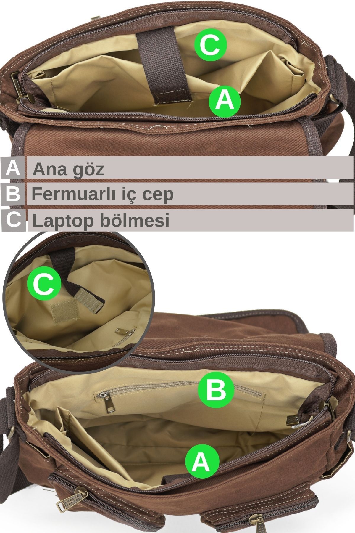 Cappadocia Vintage 4017 Kahverengi 14" Laptop Pamuk Gabardin Postacı Okul Çantası Unisex Kilitli Çok Cepli Omuz Askılı görsel 3