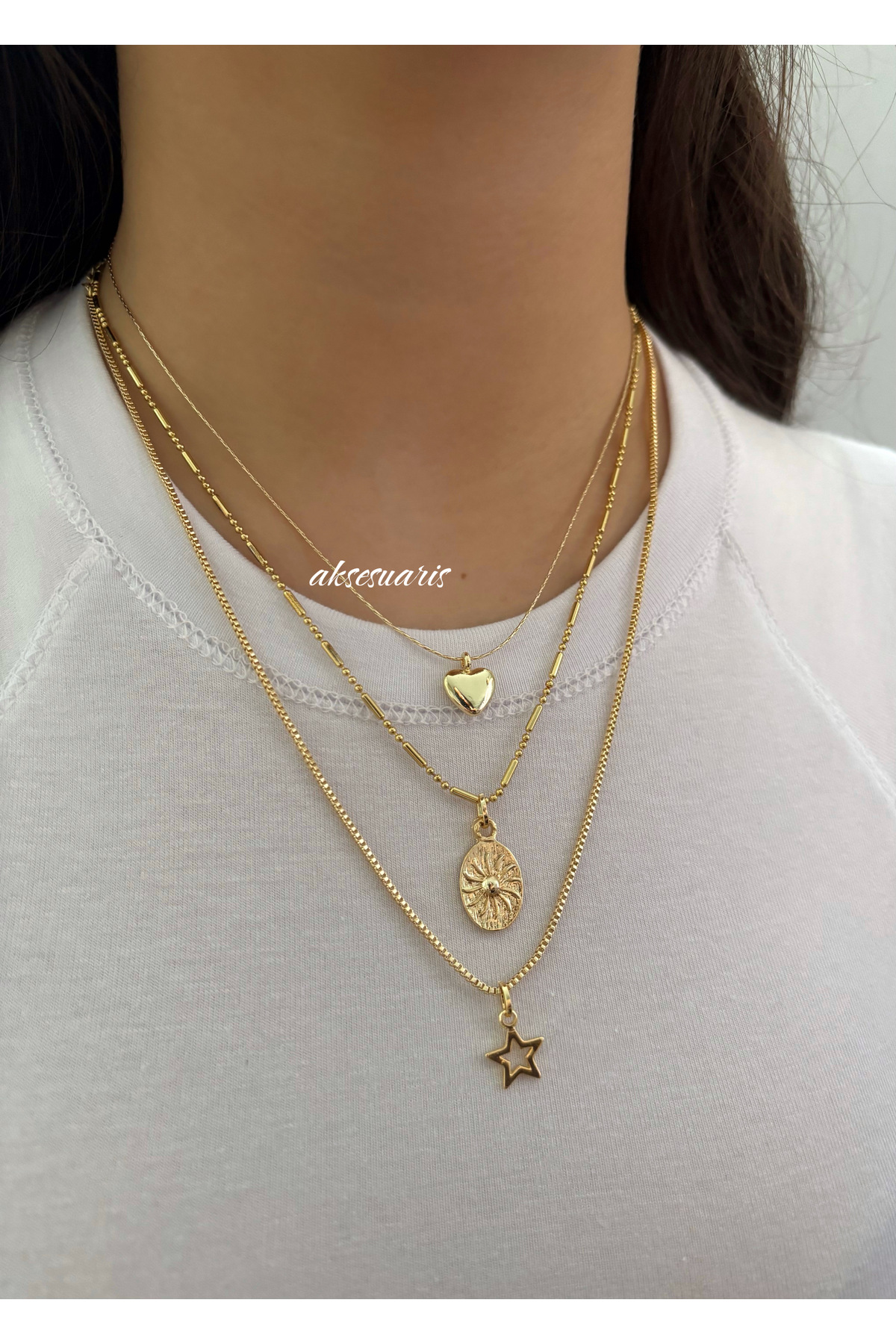 aksesuaris  3'lü Desenli Zincirli Gold Kalp Yıldız Kadın Kolye Set Kombin - Görsel 6